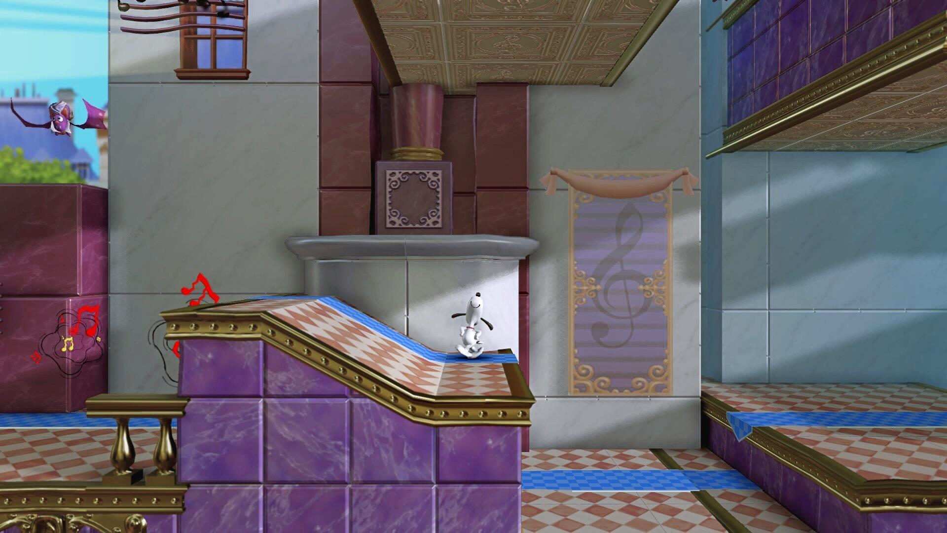 Snoopy in einer Videospielumgebung. Eine Musiknote befindet sich auf einer lila Plattform mit Treppe.