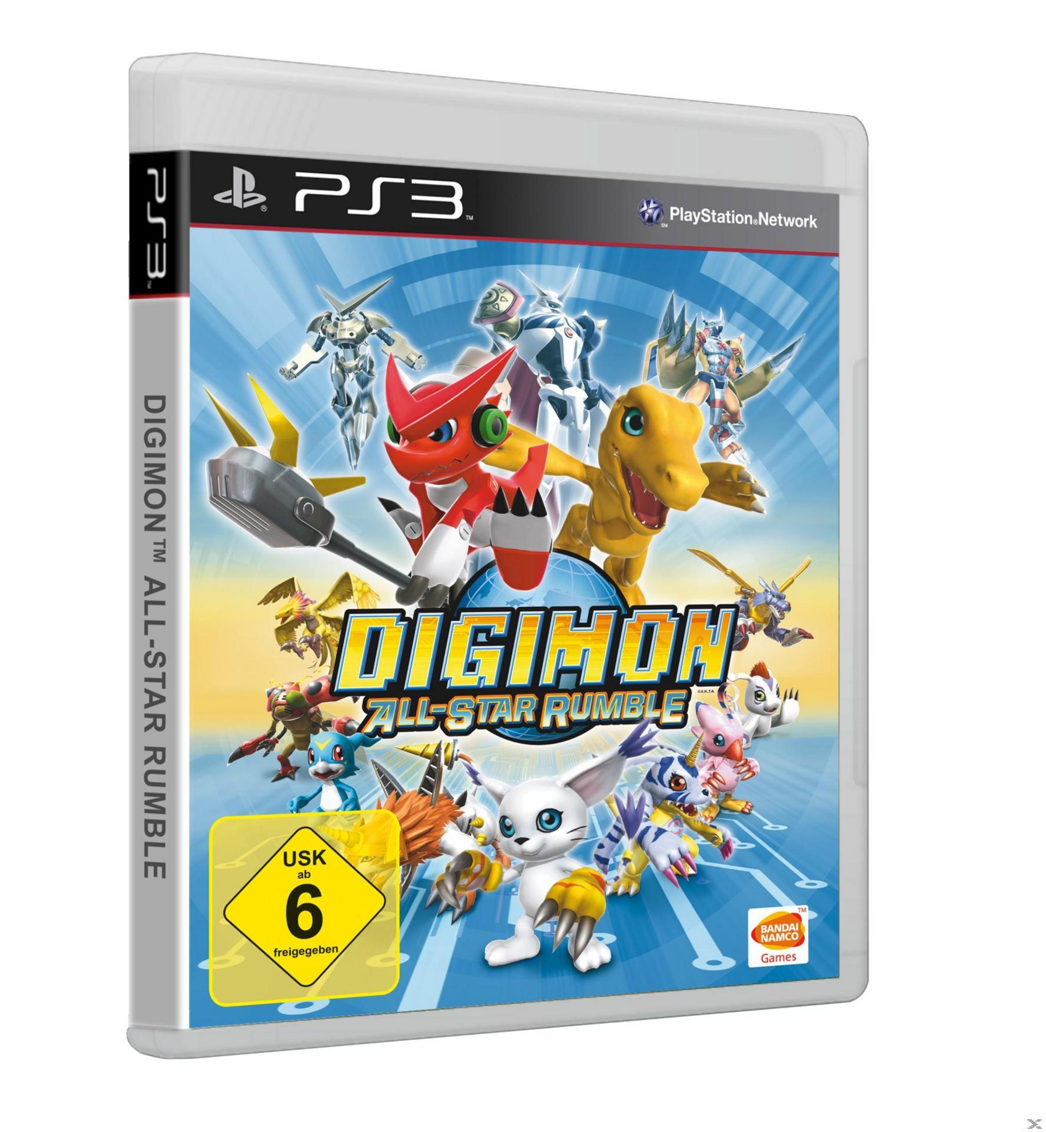 Digimon All-Star Rumble Spielcover. Zeigt verschiedene Digimon-Charaktere in dynamischer Pose.