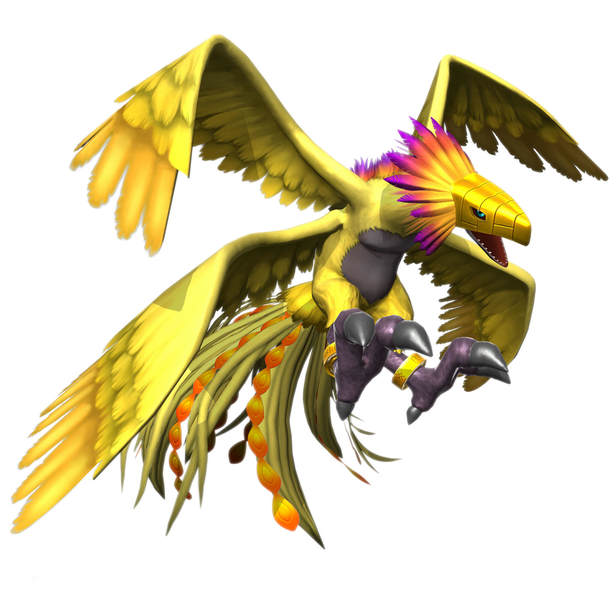 Ein großes, gelbes, vogelähnliches Wesen mit ausgebreiteten Flügeln, lila und goldenen Federn und einem goldenen Schnabel.