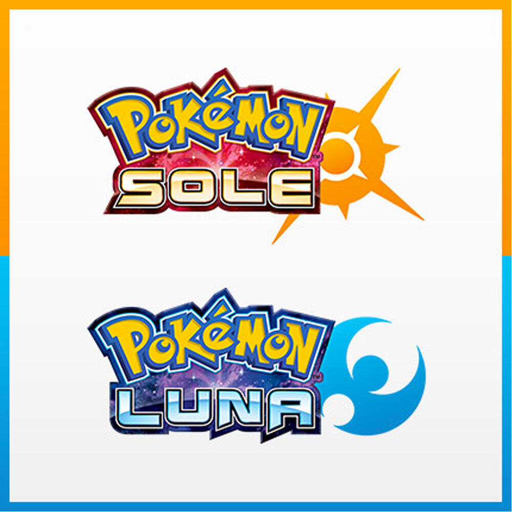 Loga gier Pokemon Sole i Luna na kolorowym tle. Widoczne symbole słońca i księżyca.