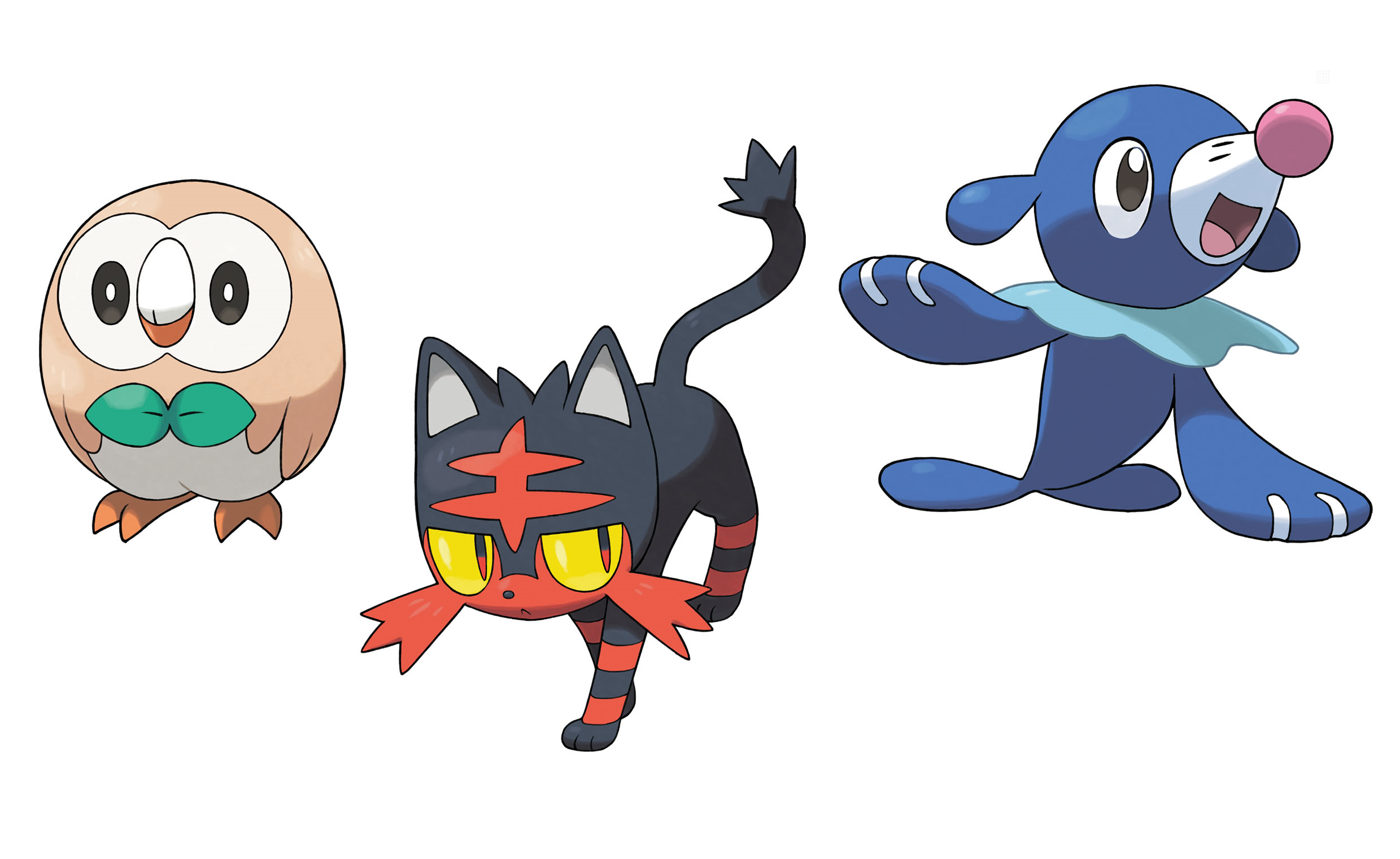 Trzy kreskówkowe Pokemony: okrągła sowa z zieloną kokardą, czarny kot z czerwonymi płomieniami i niebieska foka z różowym nosem.