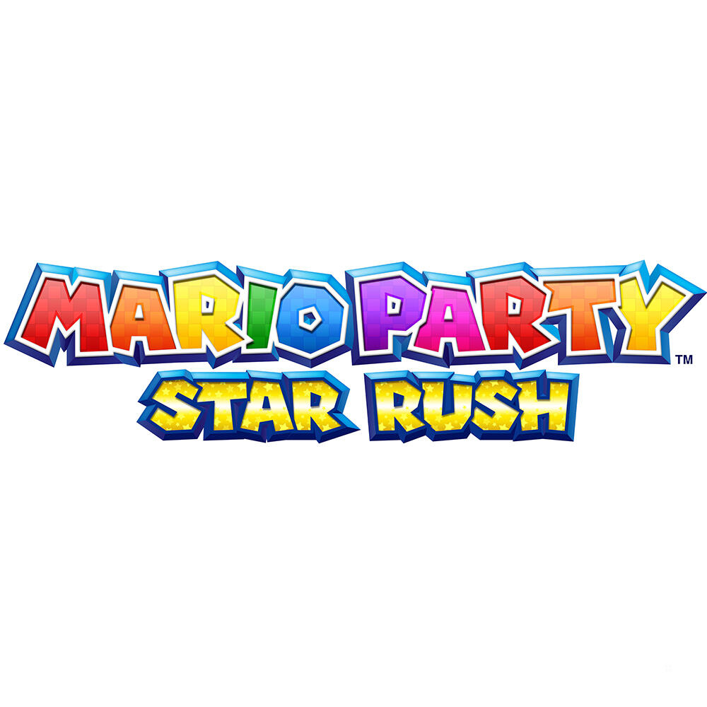 Logo gry Mario Party: Star Rush. Kolorowy tekst z twarzami Mario i gwiazdą.