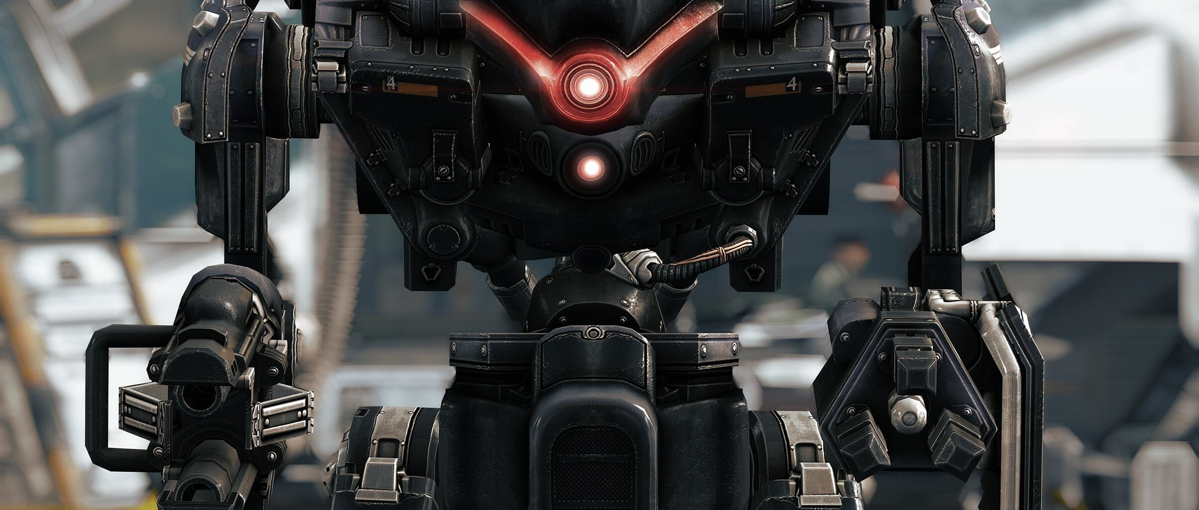 Faccia di robot. Il robot è nero, con occhi rossi luminosi e parti meccaniche.