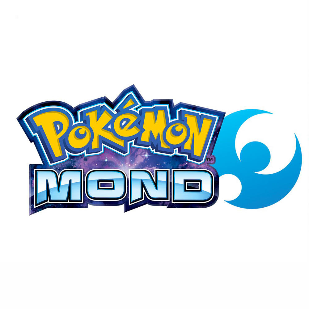 Logo Pokemon Moon z tłem galaktyki i niebieskim półksiężycem.
