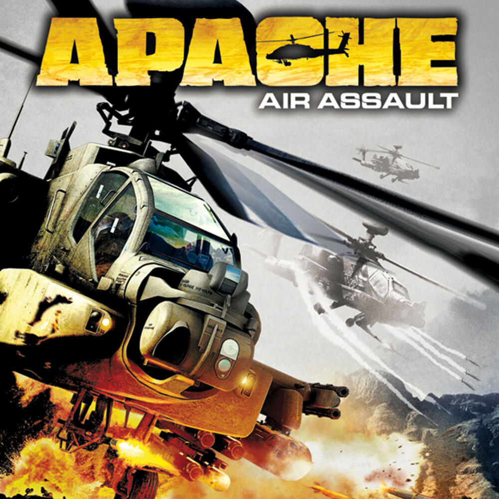 Okładka gry Apache Air Assault: helikopter w locie z eksplozjami.
