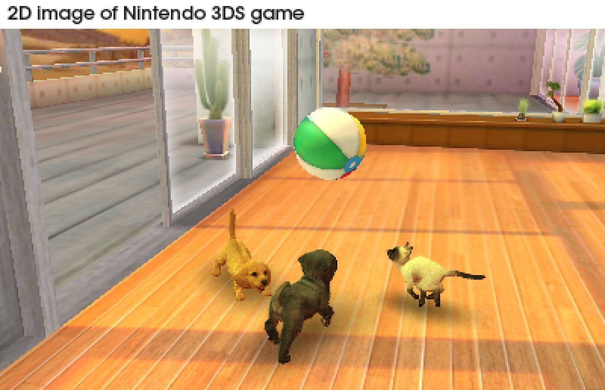 Uno screenshot di un gioco 3D. Cuccioli inseguono una palla da spiaggia su un pavimento di legno, vicino a una finestra.