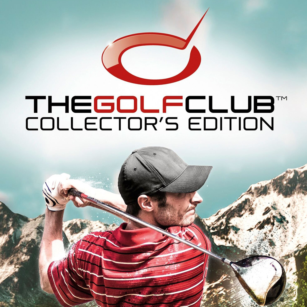 Uomo in abbigliamento da golf. Mazza da golf. Sfondo montuoso. Testo 'The Golf Club Collector's Edition'.