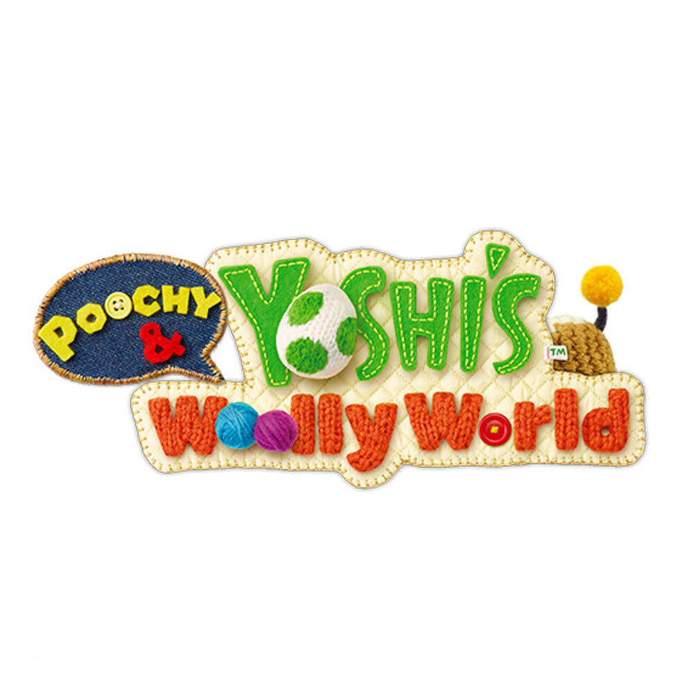 Logo di 'Poochy & Yoshi's Woolly World', con testo e personaggi colorati simili a filato.