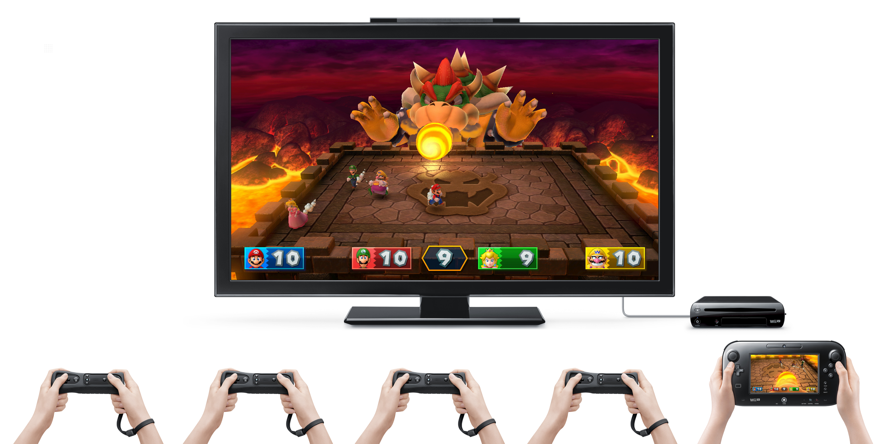 Mario Party-Spiel, das auf einem Fernseher gespielt wird. Mehrere Spieler verwenden Controller, um das Spiel zu spielen.