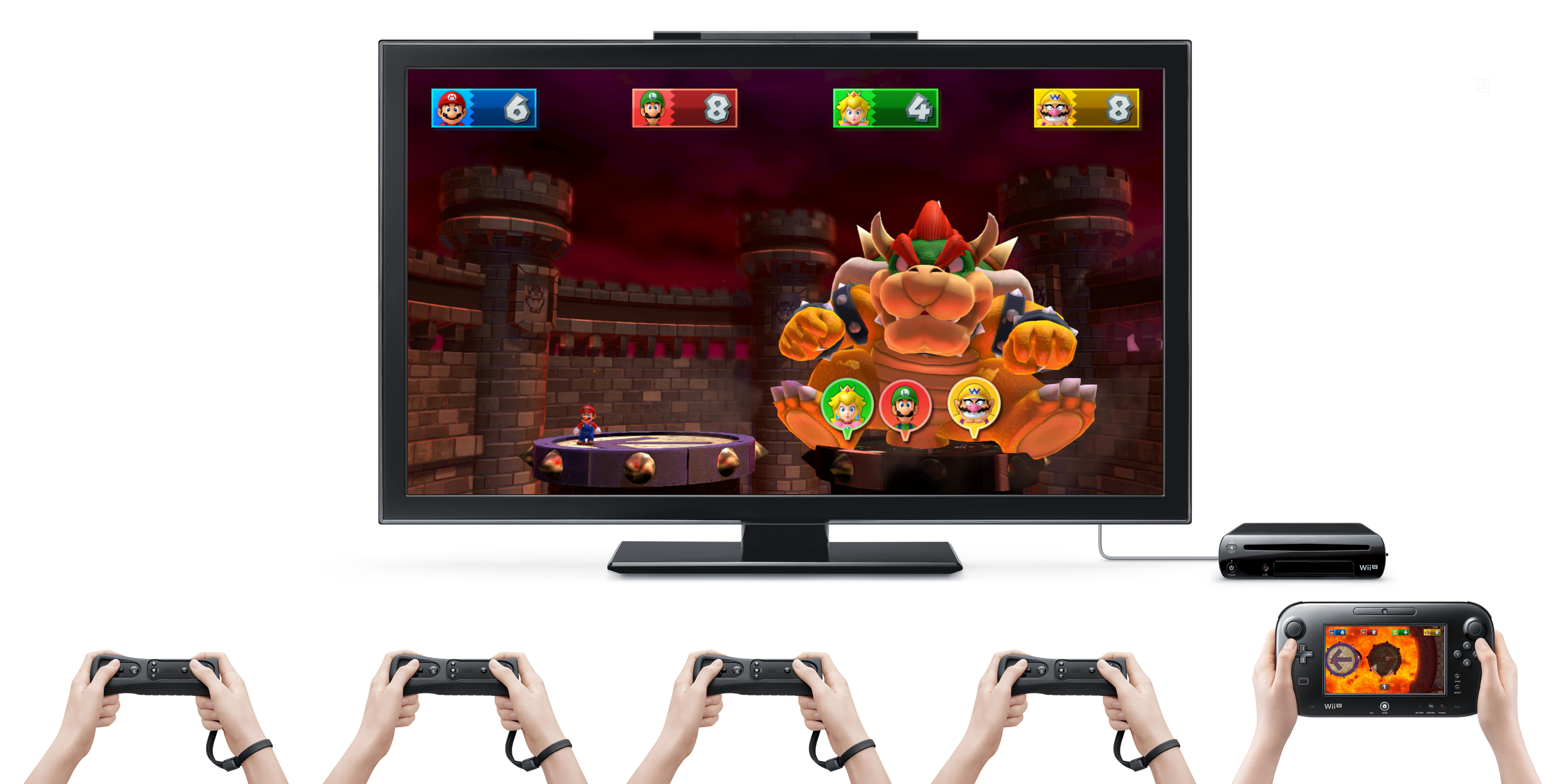 Ein Wii U-Spiel wird auf einem Fernseher gespielt. Mehrere Spieler verwenden Controller, um das Spiel zu spielen.