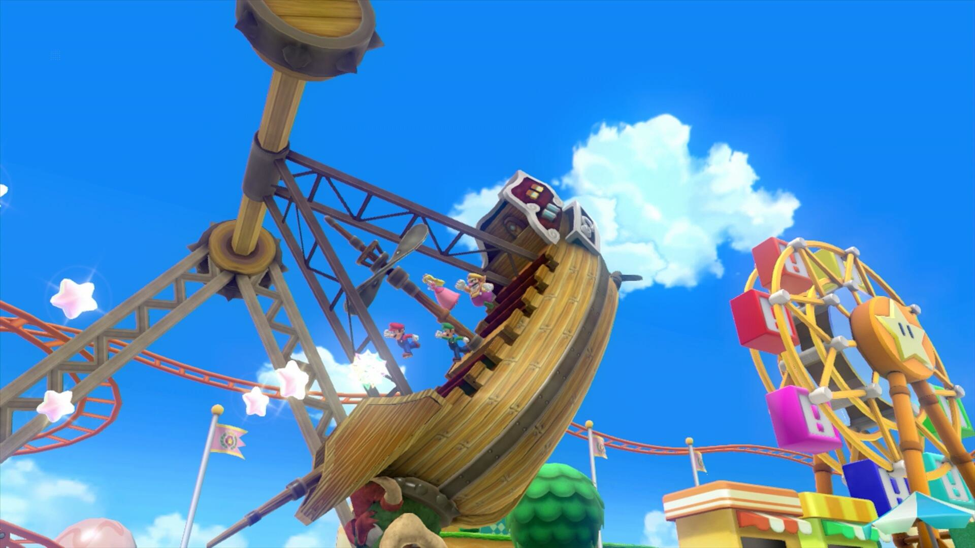 Mario-Charaktere auf einer Bootsfahrt. Riesenrad und Achterbahn im Hintergrund vor blauem Himmel.