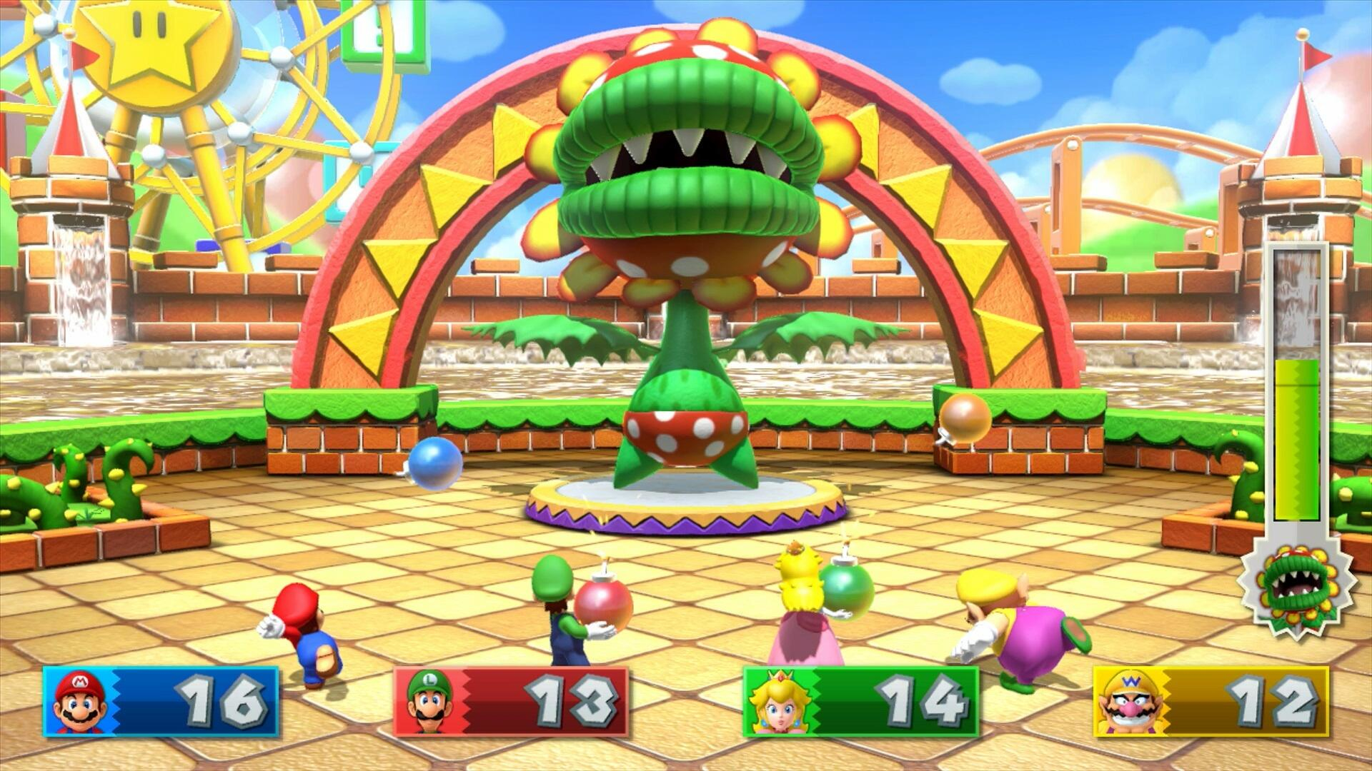 Mario-Charaktere spielen ein Spiel, eine Piranha-Pflanze im Zentrum. Spieler halten Bomben, Spielstände werden angezeigt.