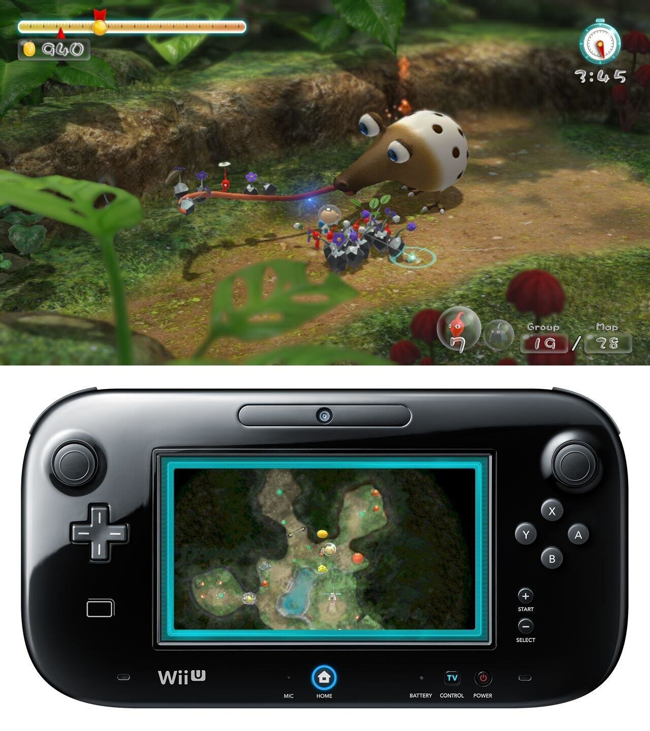 Pikmin-Charaktere kämpfen gegen ein großes Wesen. Die Spielkarte wird auf dem Wii U GamePad angezeigt.