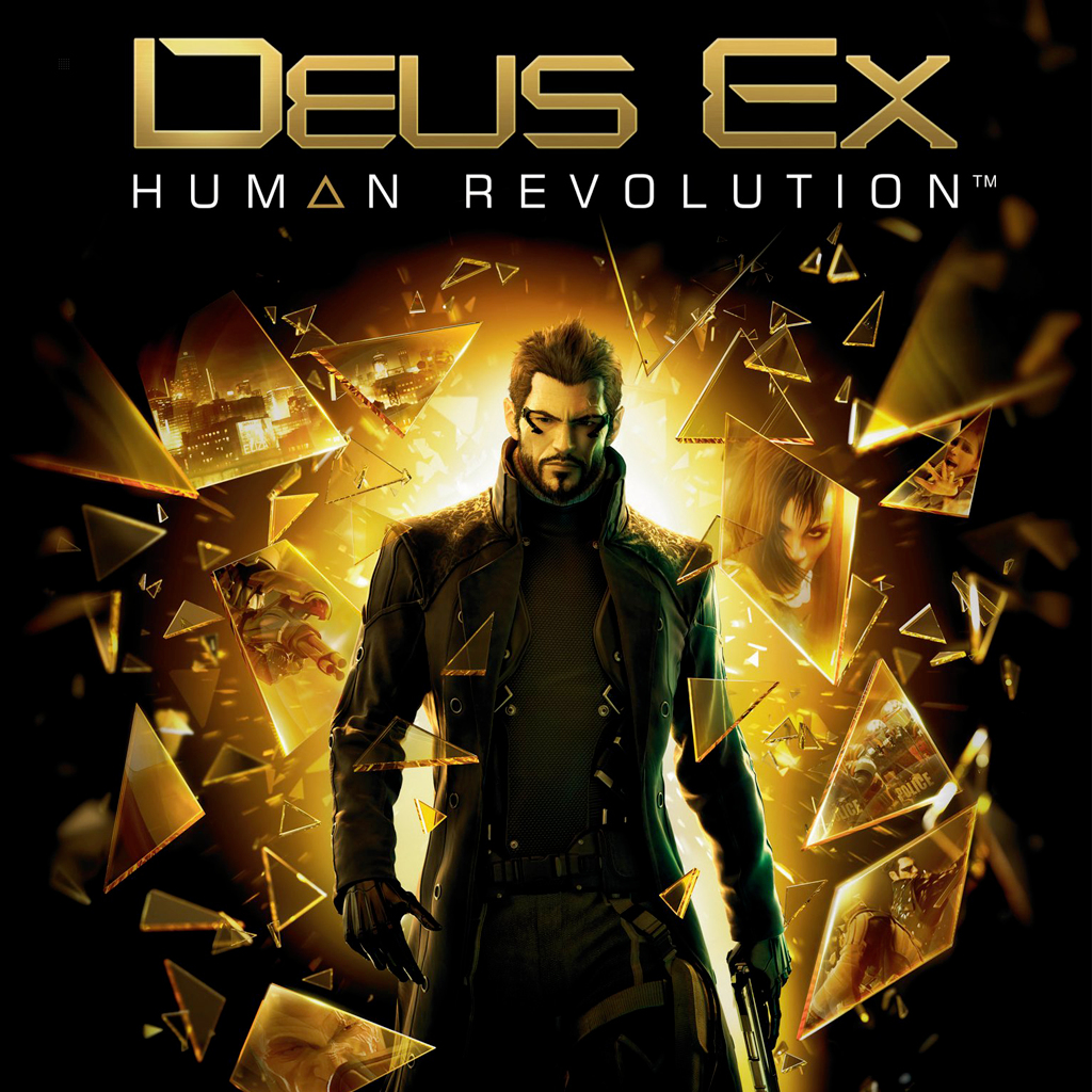 Uomo in cappotto, copertina del gioco. Titolo Deus Ex: Human Revolution. Gioco PS3.