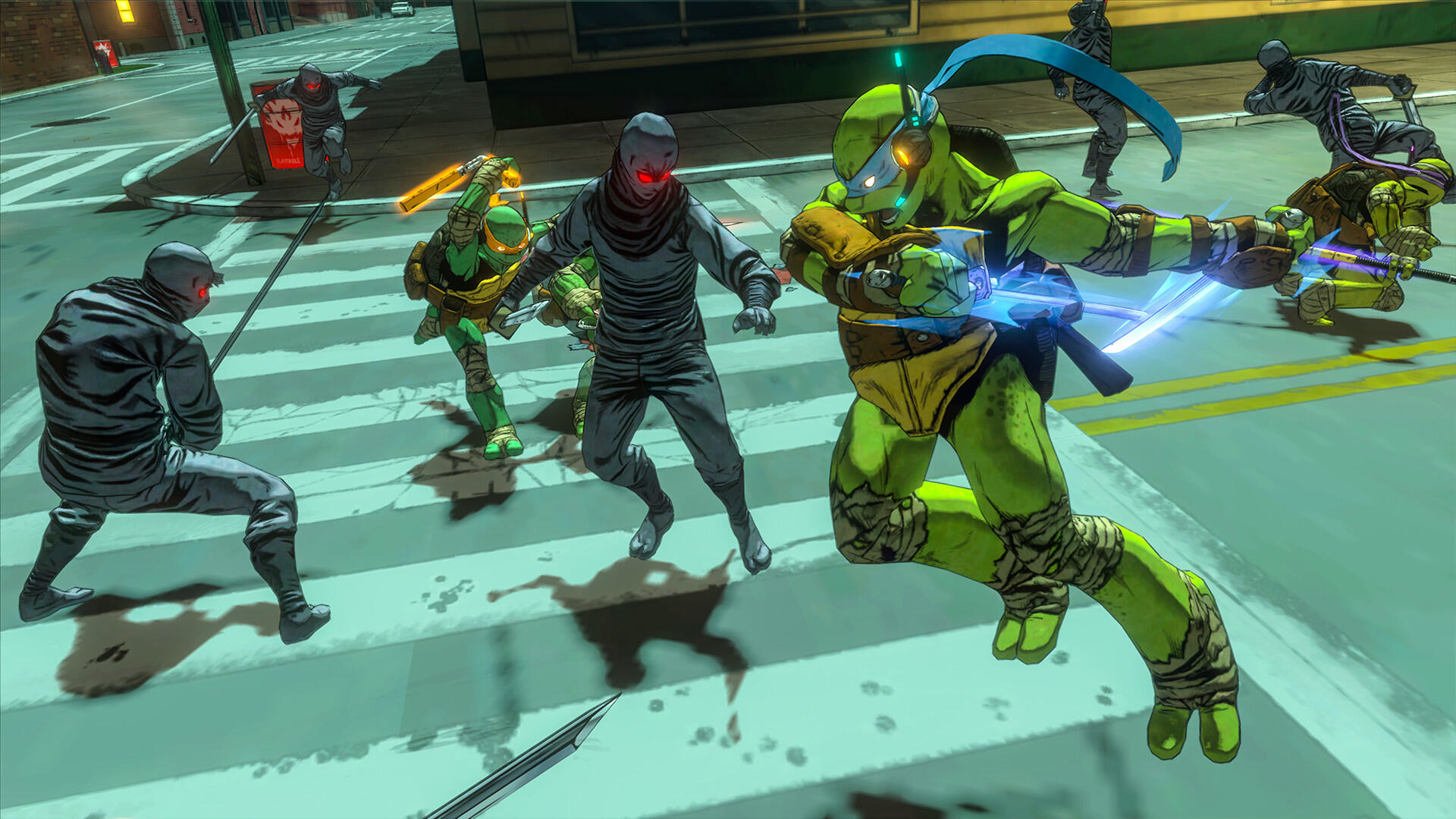 Teenage Mutant Ninja Turtles kämpfen gegen Ninjas in einer Straßenszene.