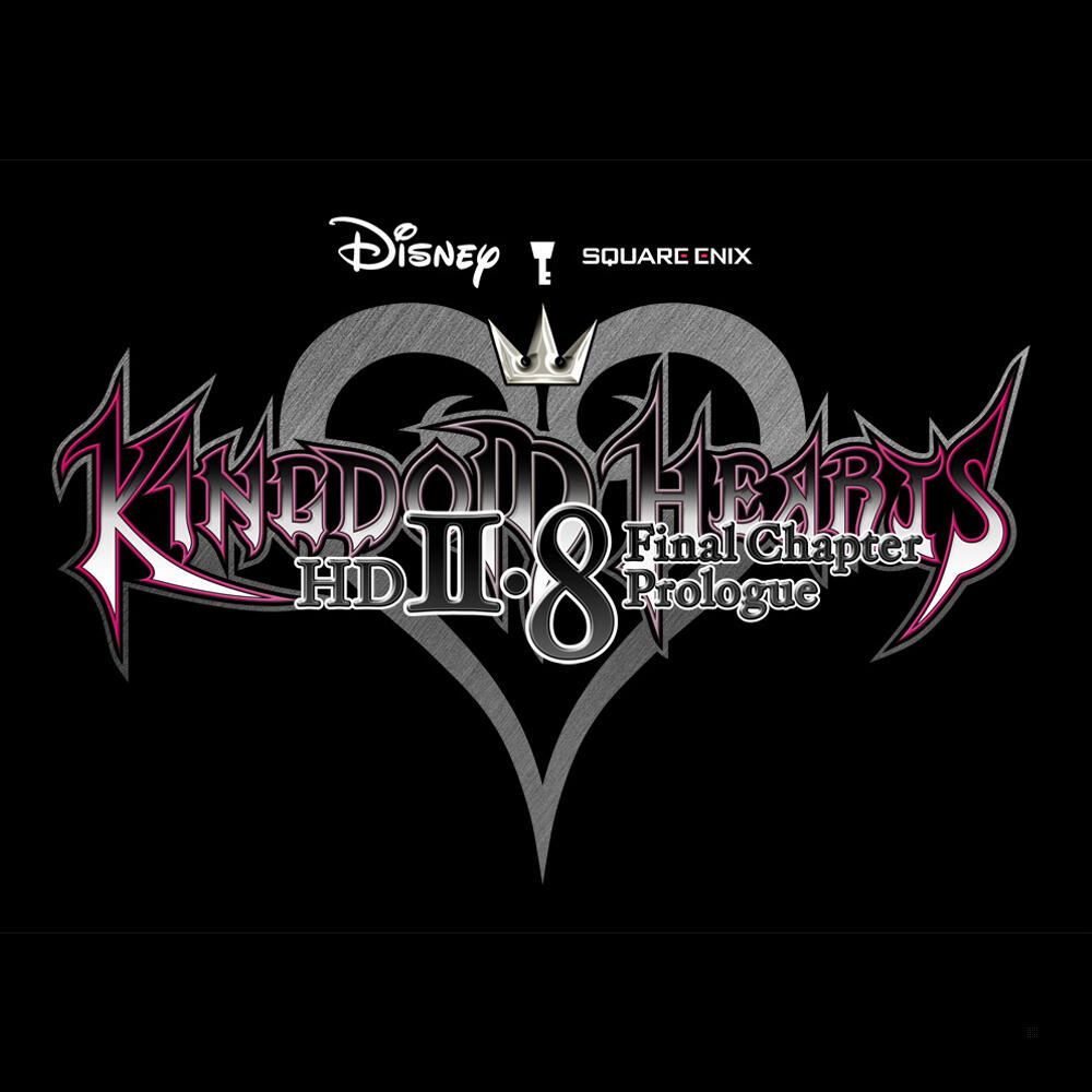 Logo Kingdom Hearts II.8 Final Chapter Prologue. Serce z koroną i tekstem na czarnym tle.