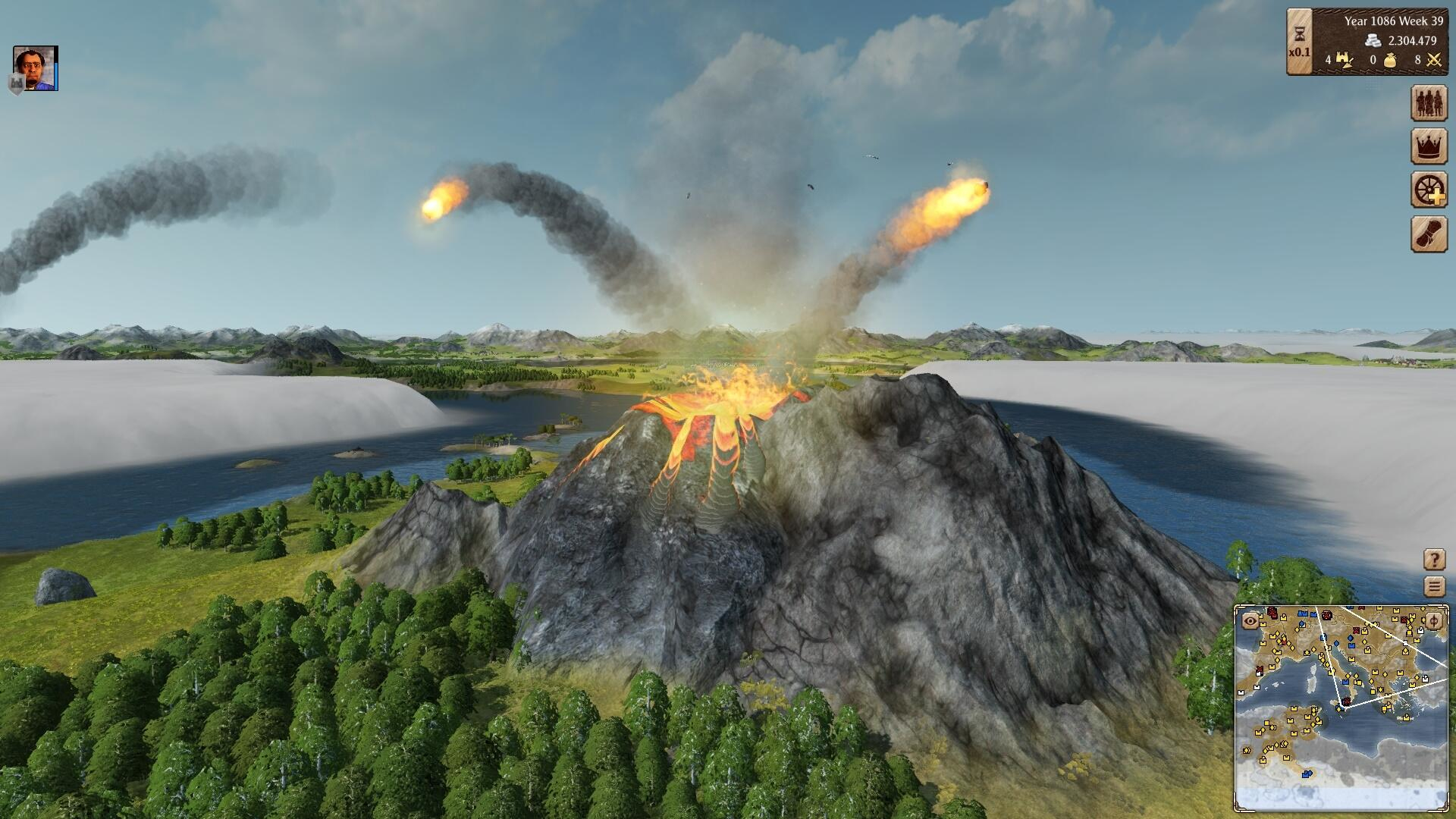 Wybuch wulkanu. Lawa i dym z tłem chmur i wody. Widoczny interfejs gry.