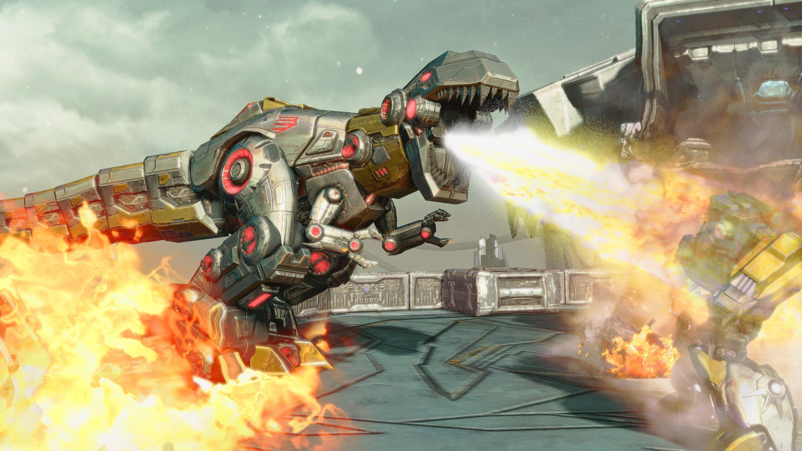 Ein Roboter-Dinosaurier speit Feuer. Andere Roboter und ein Schlachtfeld sind im Bild sichtbar.