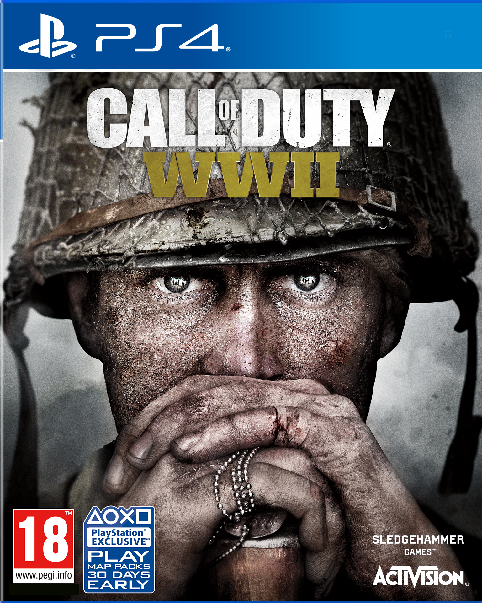Okładka gry Call of Duty WWII. Twarz żołnierza jest pokryta brudem i krwią.
