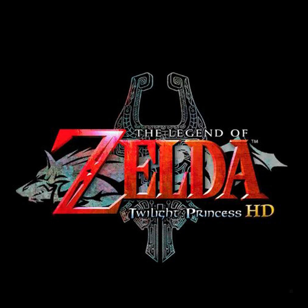 Logo gry The Legend of Zelda: Twilight Princess HD na czarnym tle, z wilkiem i tytułem.