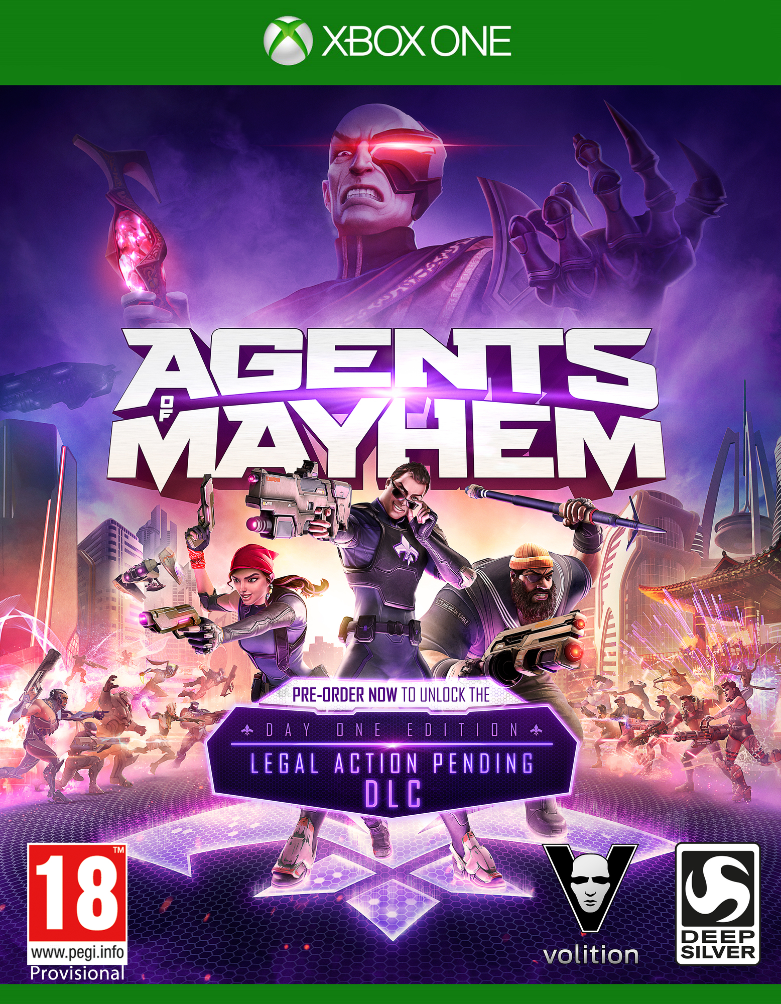 Okładka gry z postaciami. Tytuł: Agents of Mayhem. Postacie z bronią. Dominują fioletowe i niebieskie odcienie.