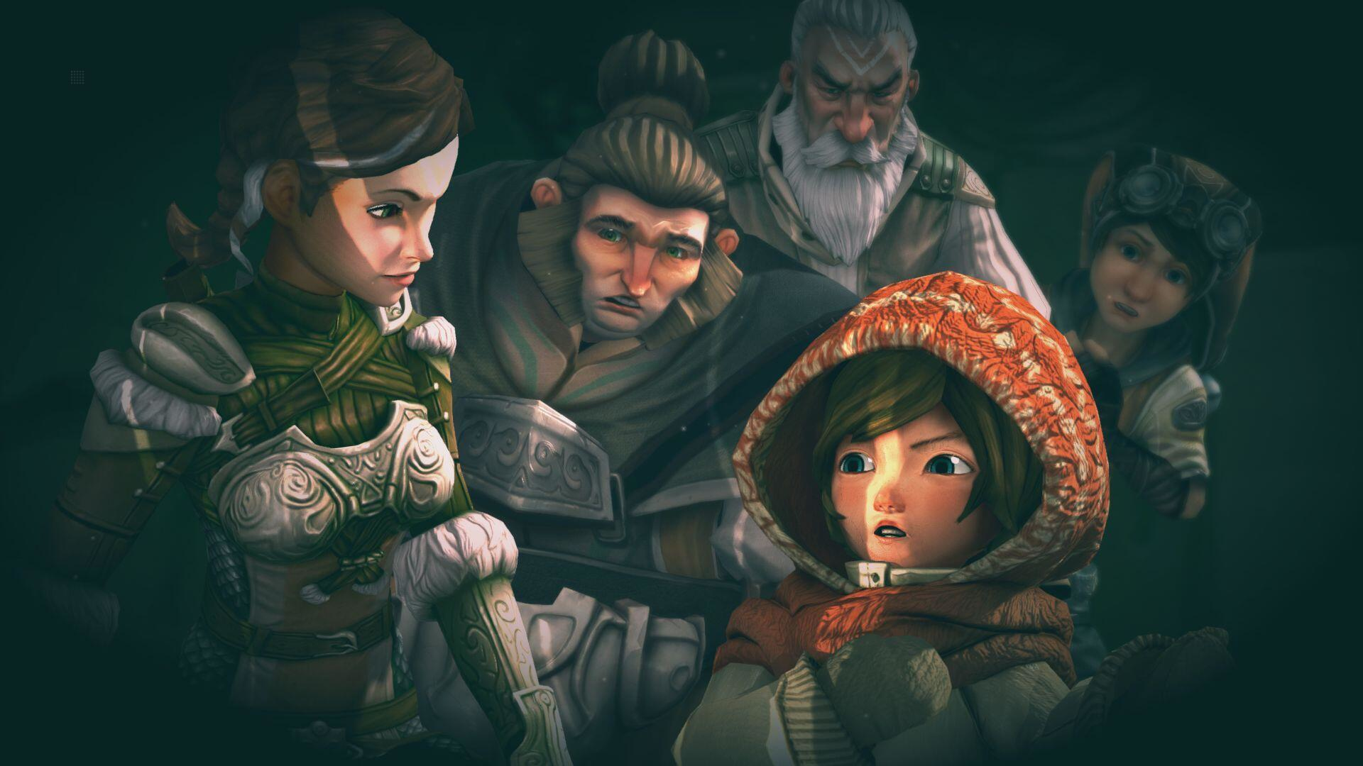 Grupa postaci z gry wideo. Młody chłopiec z czerwoną kapturą i kobieta patrzą.