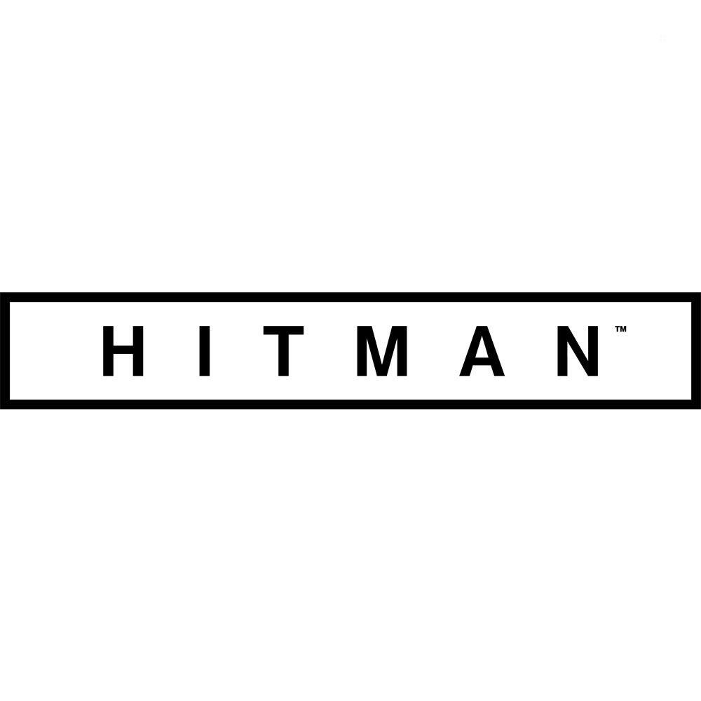 La parola HITMAN è scritta in nero, all'interno di un rettangolo bianco, su sfondo bianco.