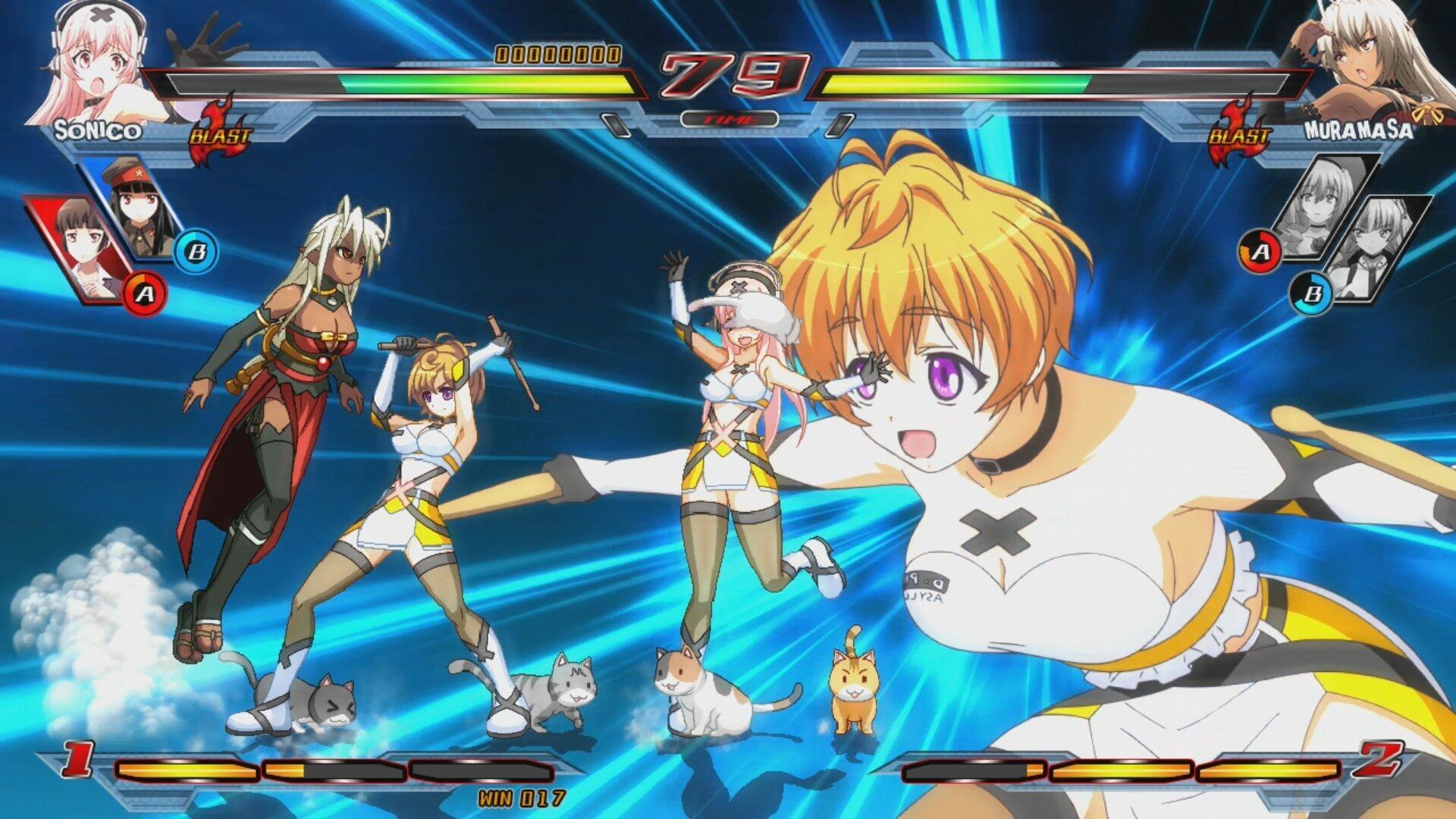 Anime-Kampfspielszene mit mehreren weiblichen Charakteren.