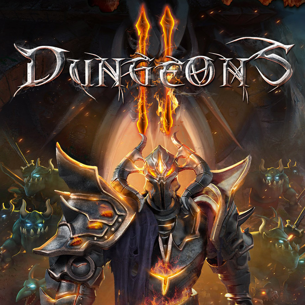Dungeons-Spielcover. Zeigt einen Ritter in dunkler Rüstung, umgeben von Monstern, mit feurigen Schwertern.