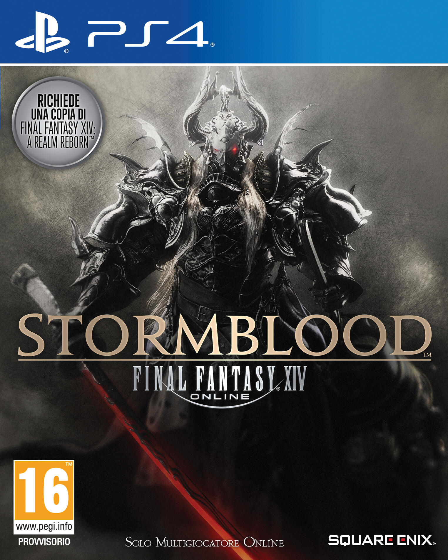 Copertina del gioco Final Fantasy XIV: Stormblood. Un guerriero con le corna su sfondo scuro.