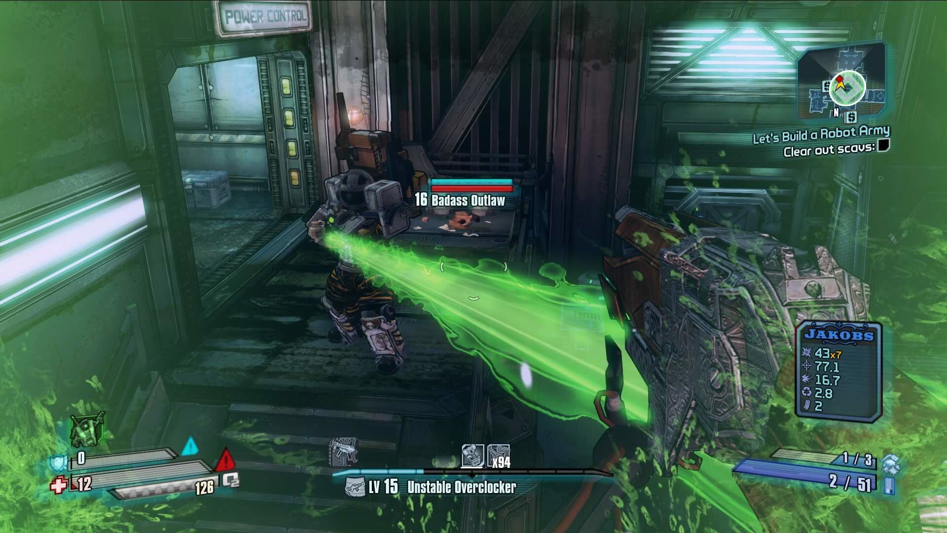 Postać strzela zieloną wiązką do wroga w zielono oświetlonym korytarzu.