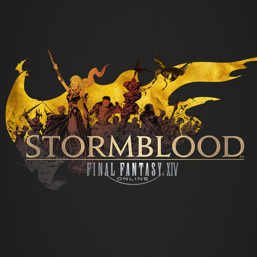Logo Stormblood Final Fantasy XIV Online, złoty wzór na czarnym tle.