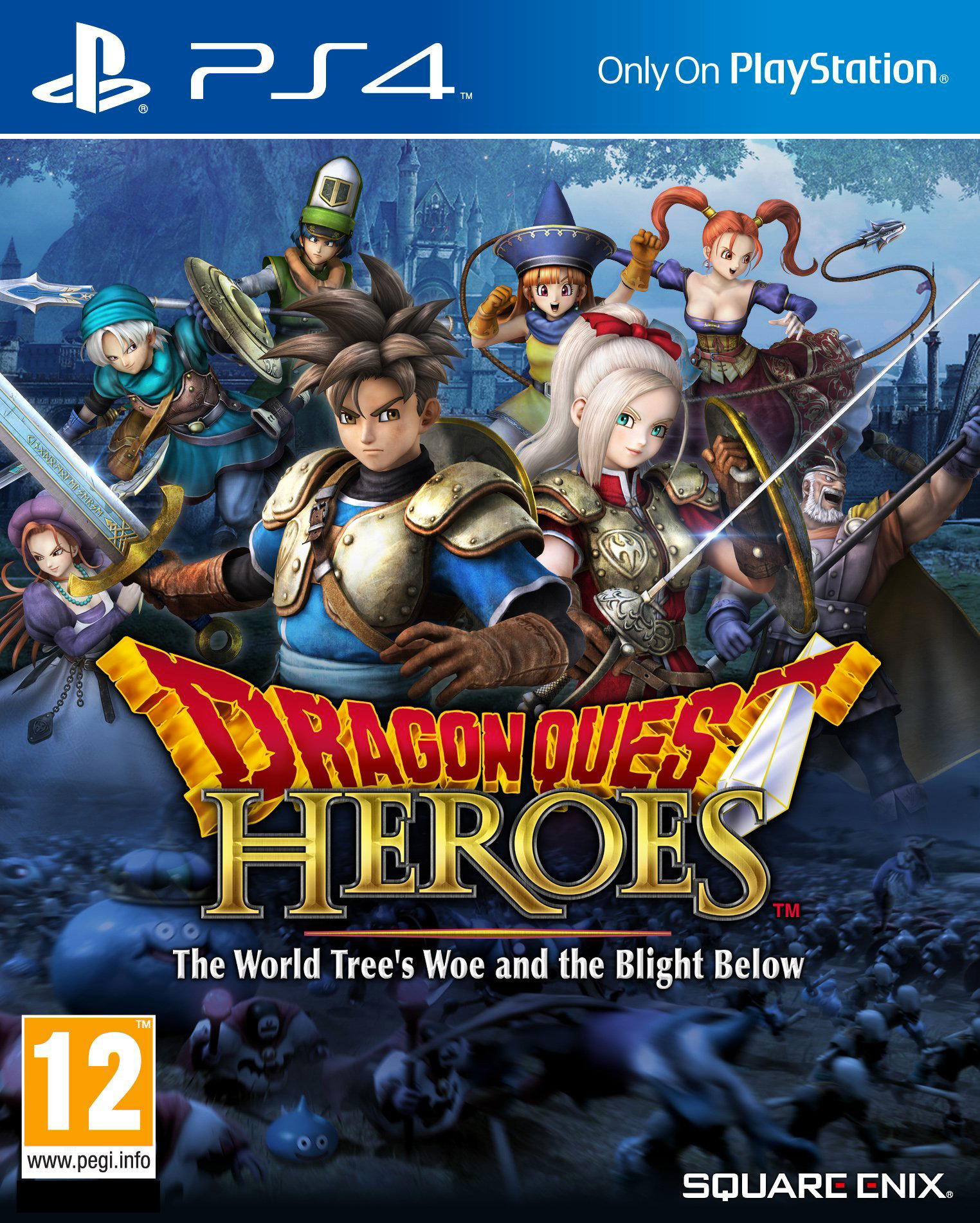 Copertina del gioco con personaggi anime. Il testo recita Dragon Quest Heroes.