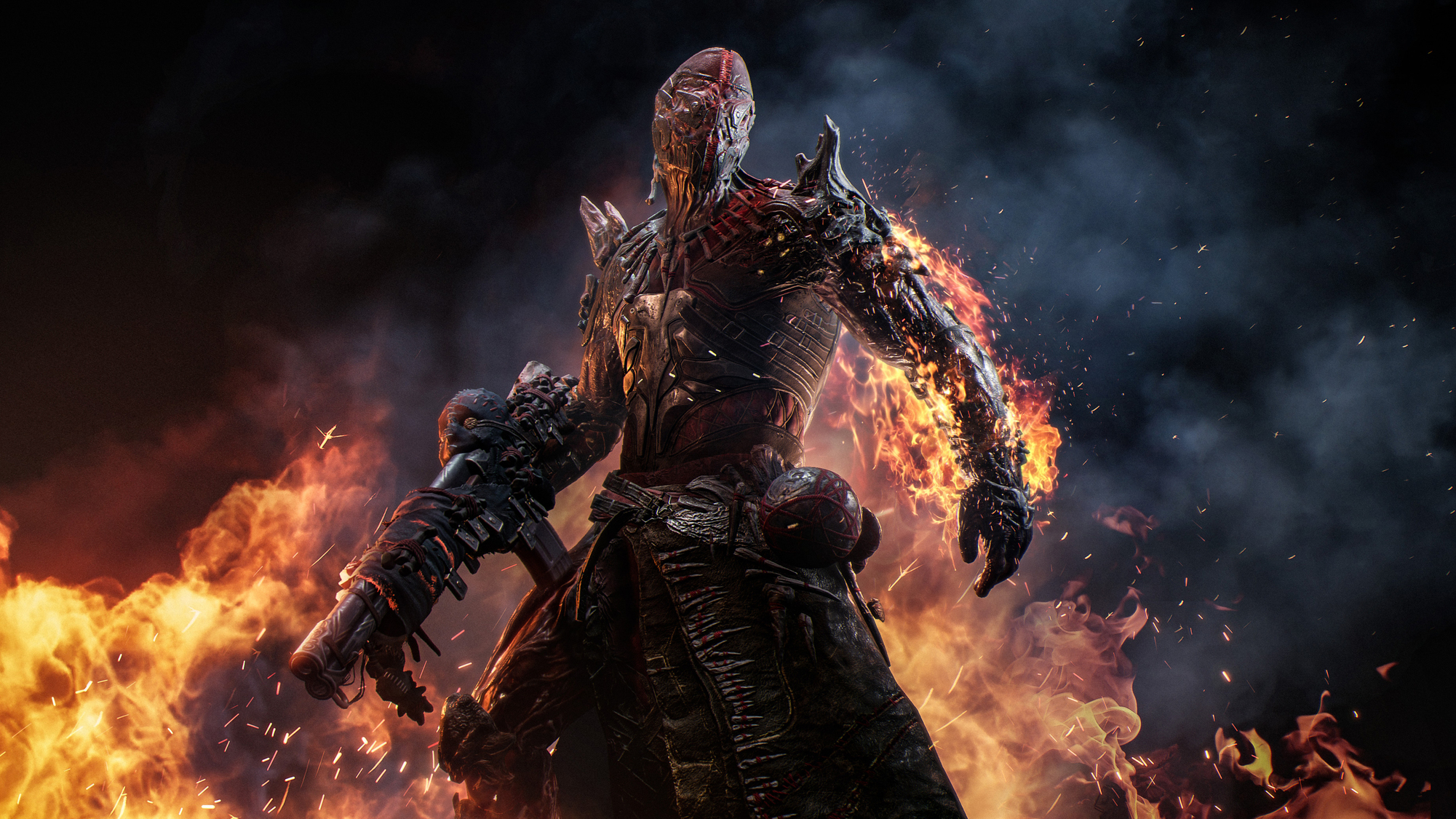 Postać wyłania się z ognia. Otoczona płomieniami, z ognistymi detalami na ciele.