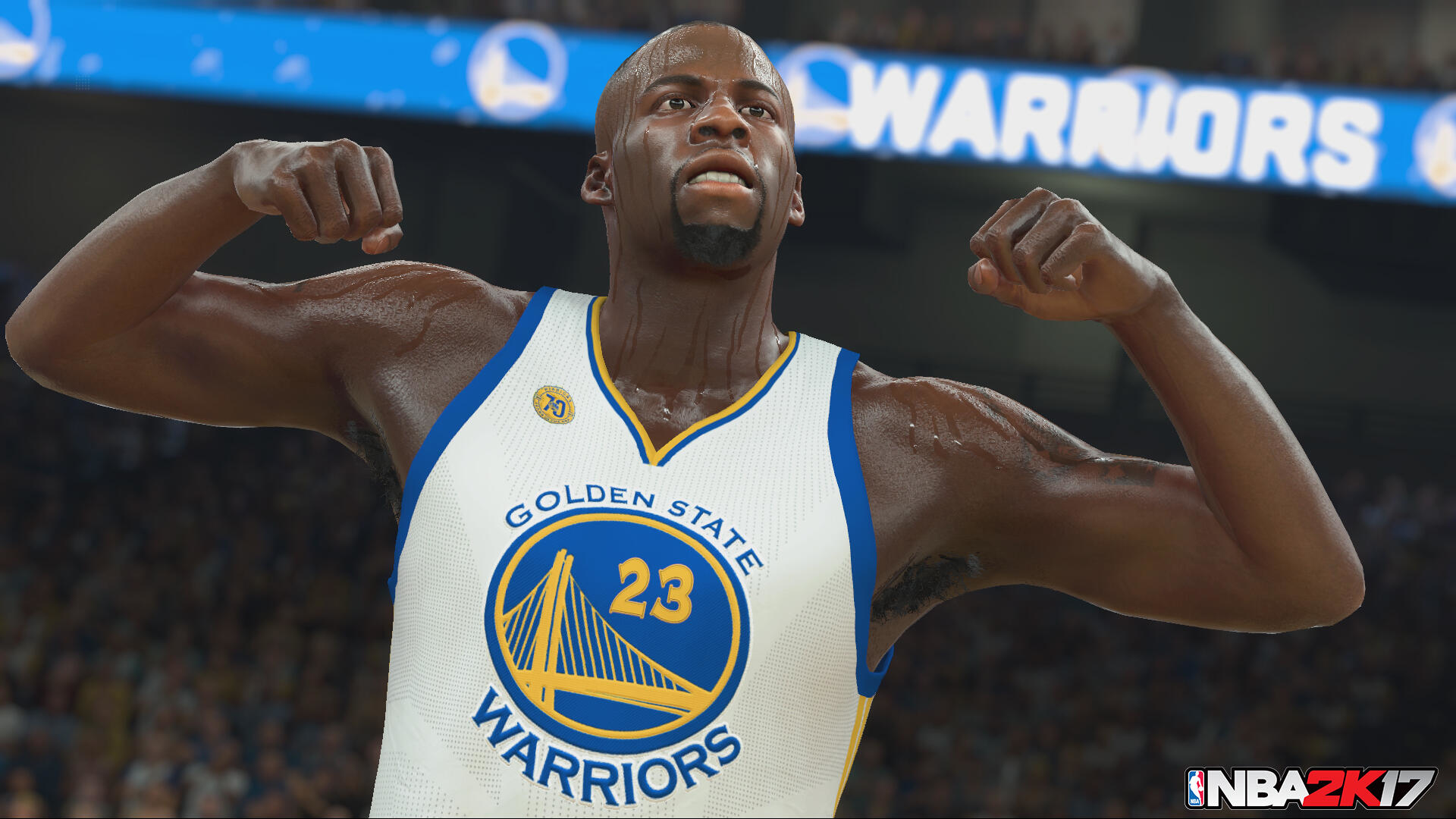 Zrzut ekranu z gry NBA 2K17. Koszykarz w stroju Golden State Warriors pozuje.