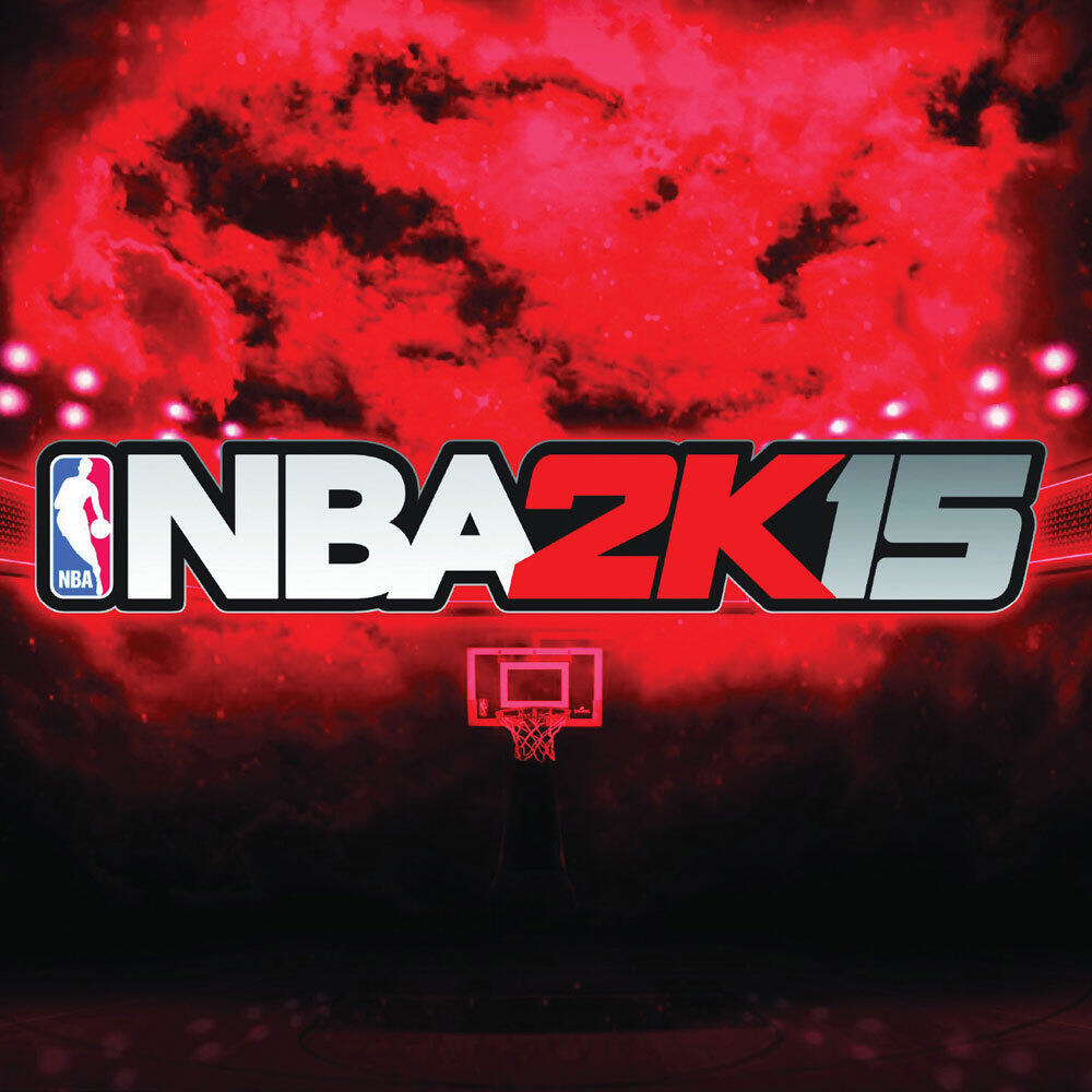 Okładka gry NBA 2K15 z koszem do koszykówki na czerwonym tle. Tytuł gry jest wyraźnie wyświetlony.