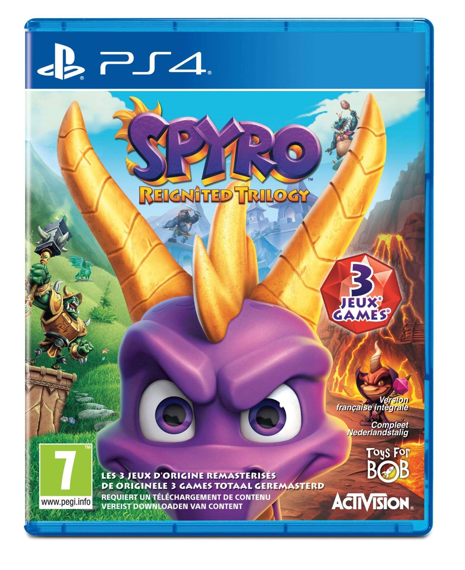Okładka gry Spyro Reignited Trilogy. Fioletowy smok z żółtymi rogami znajduje się na środku.
