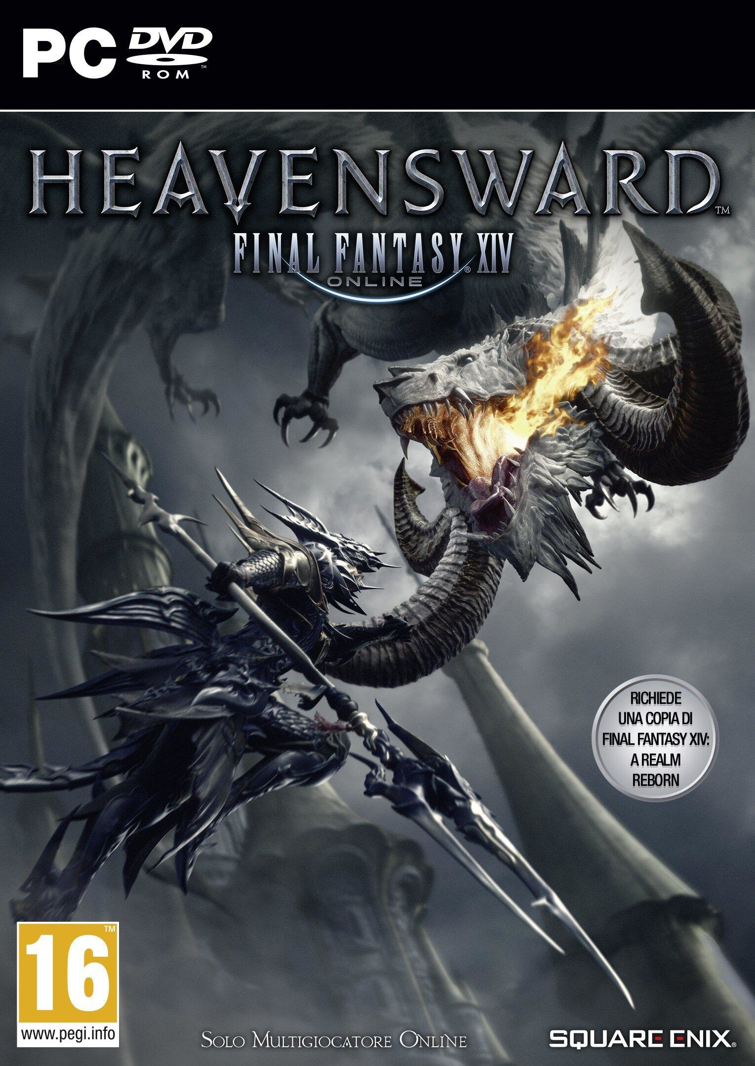 Copertina del gioco: un guerriero combatte un drago sputafuoco. Testo: Heavensward Final Fantasy XIV Online.