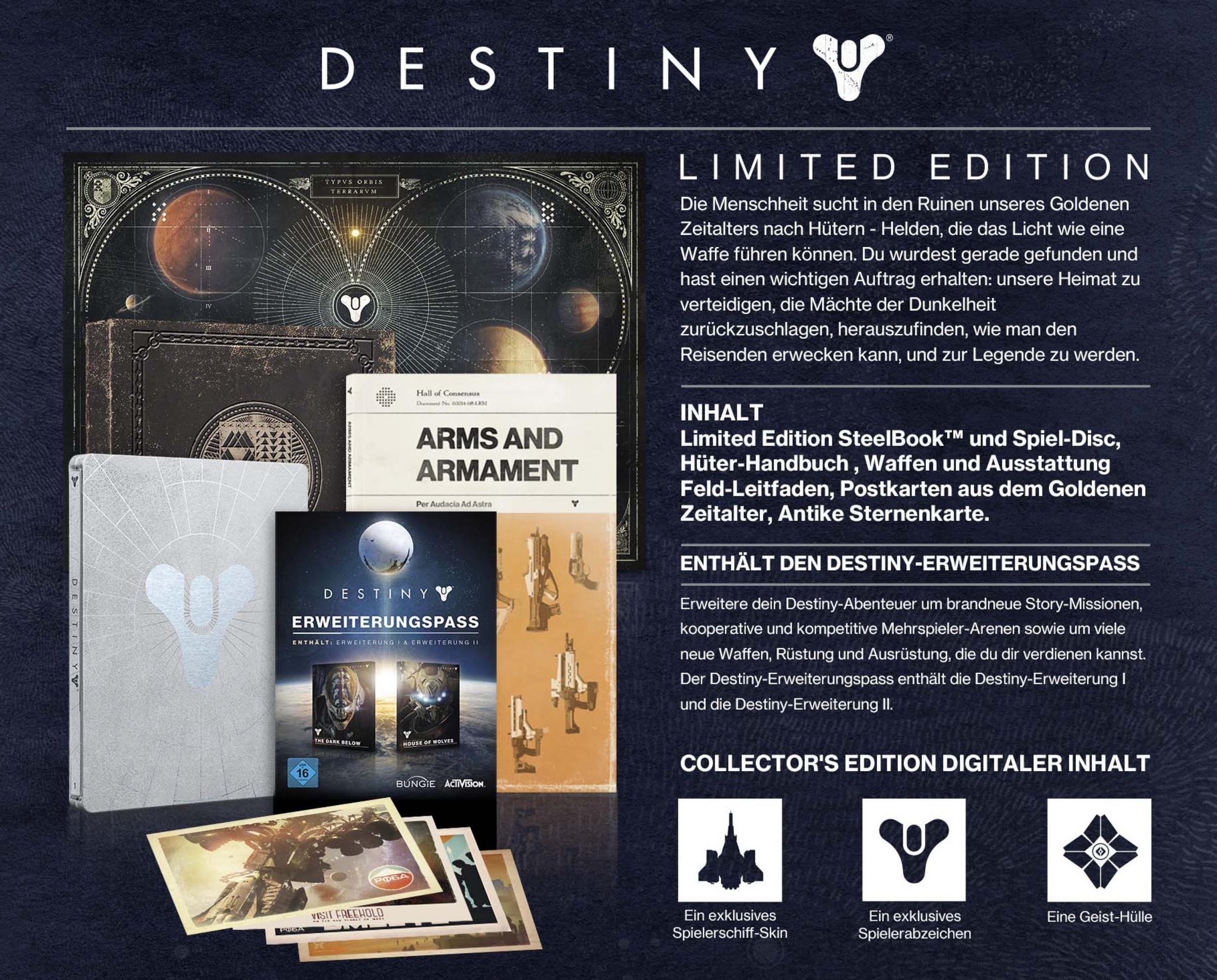 Der Inhalt der Limited Edition-Box eines Destiny-Spiels wird angezeigt, einschließlich Spiel-Discs und zusätzlicher Artikel.
