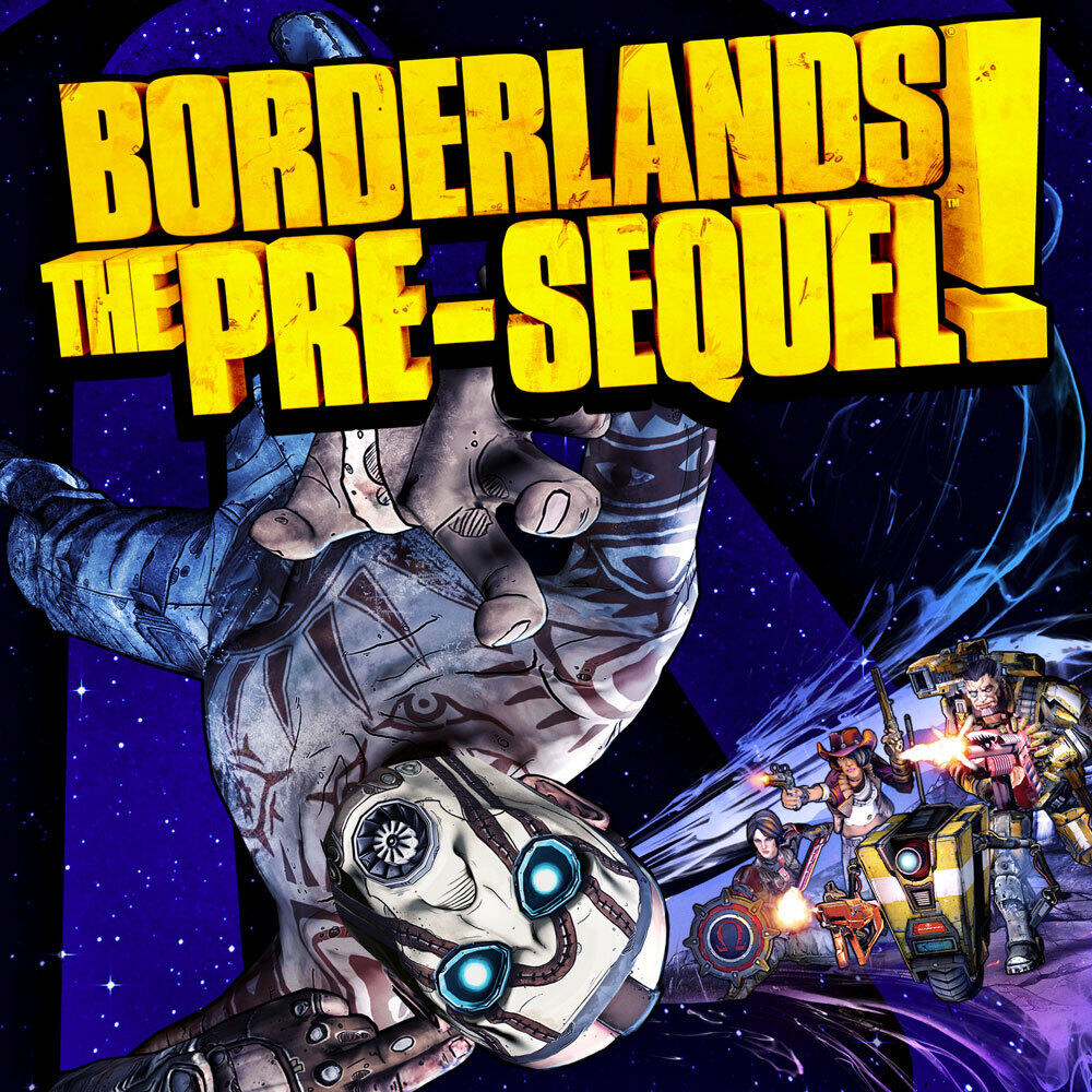 Borderlands: The Pre-Sequel copertina. Un personaggio mascherato è presente con altri personaggi.