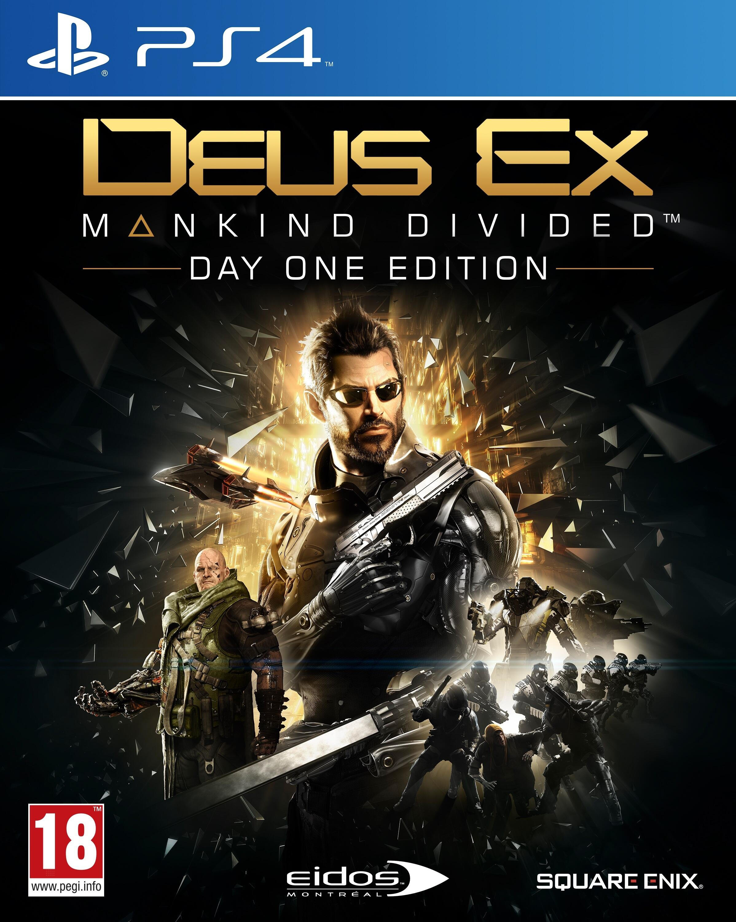 Okładka gry Deus Ex: Mankind Divided. Mężczyzna w okularach przeciwsłonecznych z bronią w centrum.