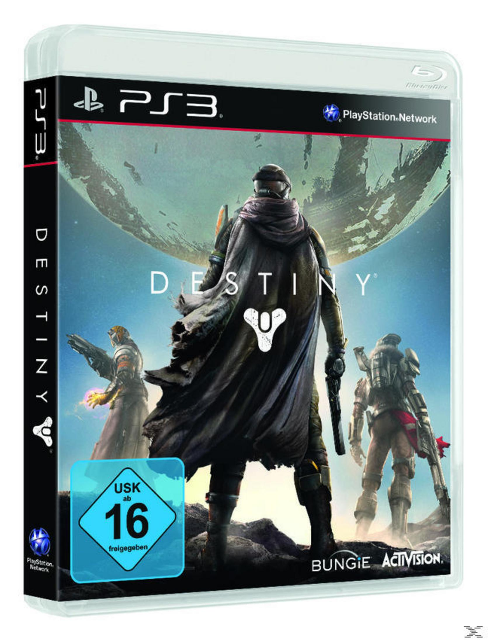 Destiny Spiel in einem Case. Ein Krieger in Rüstung steht mit Waffen vor einem Planeten und blauem Himmel.