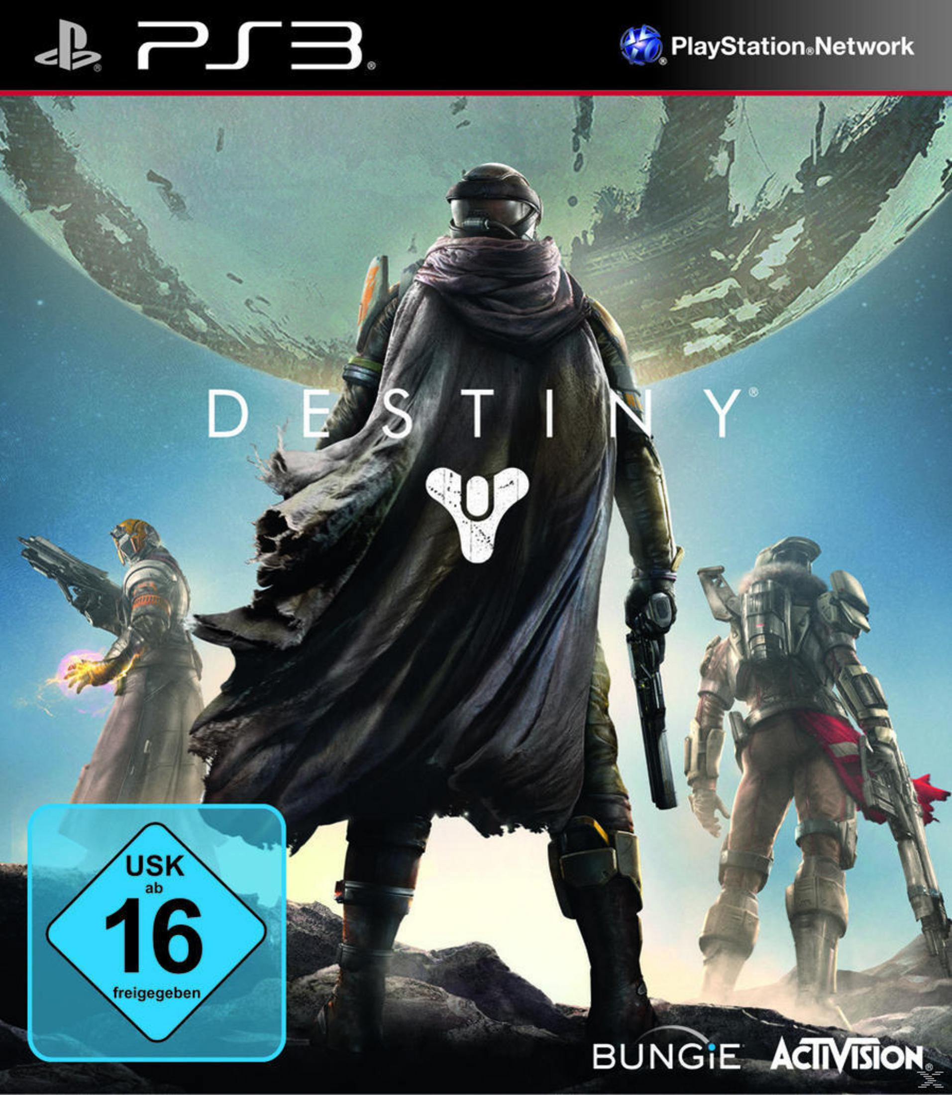 Destiny Spielcover. Krieger in Rüstung mit Waffen stehen vor einem Planeten und blauem Himmel.