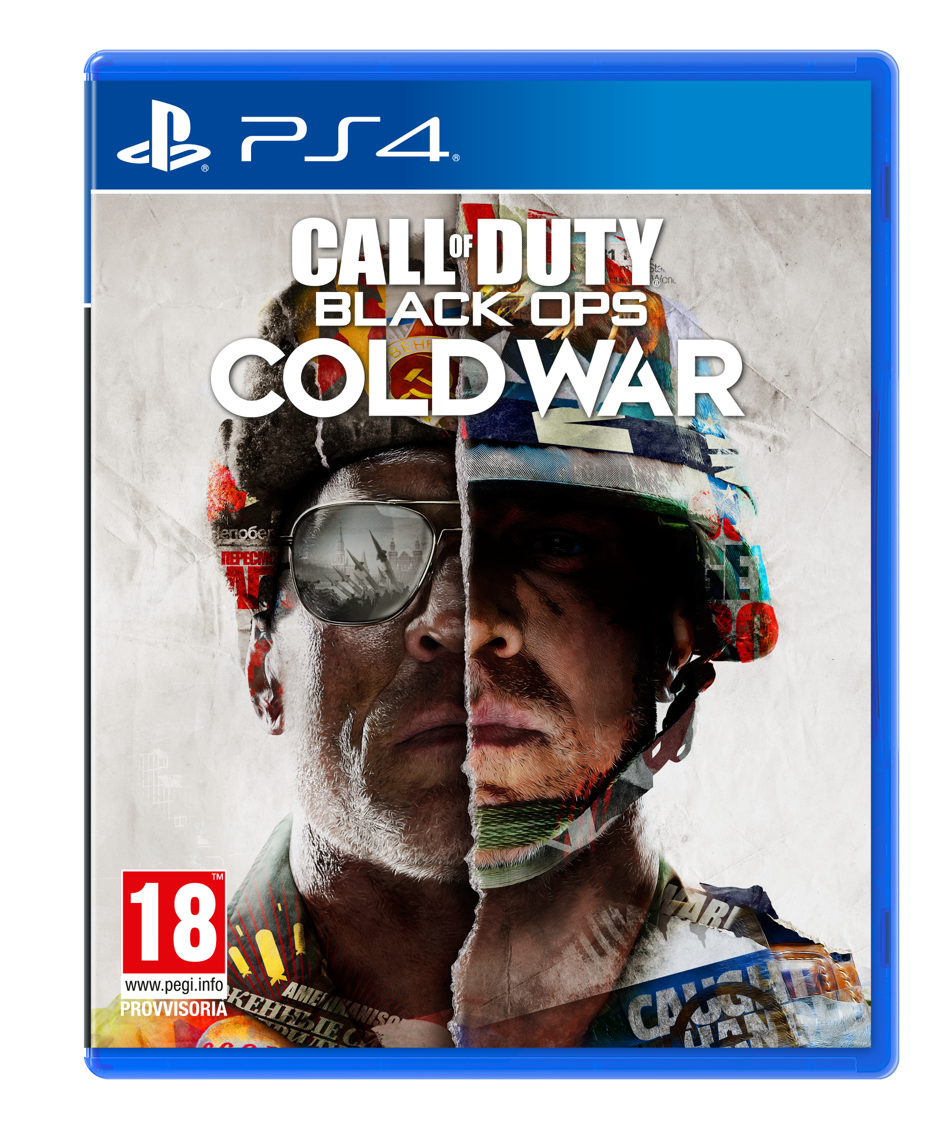 Okładka gry Call of Duty: Black Ops Cold War. Podzielona twarz żołnierza w hełmie i okularach przeciwsłonecznych.