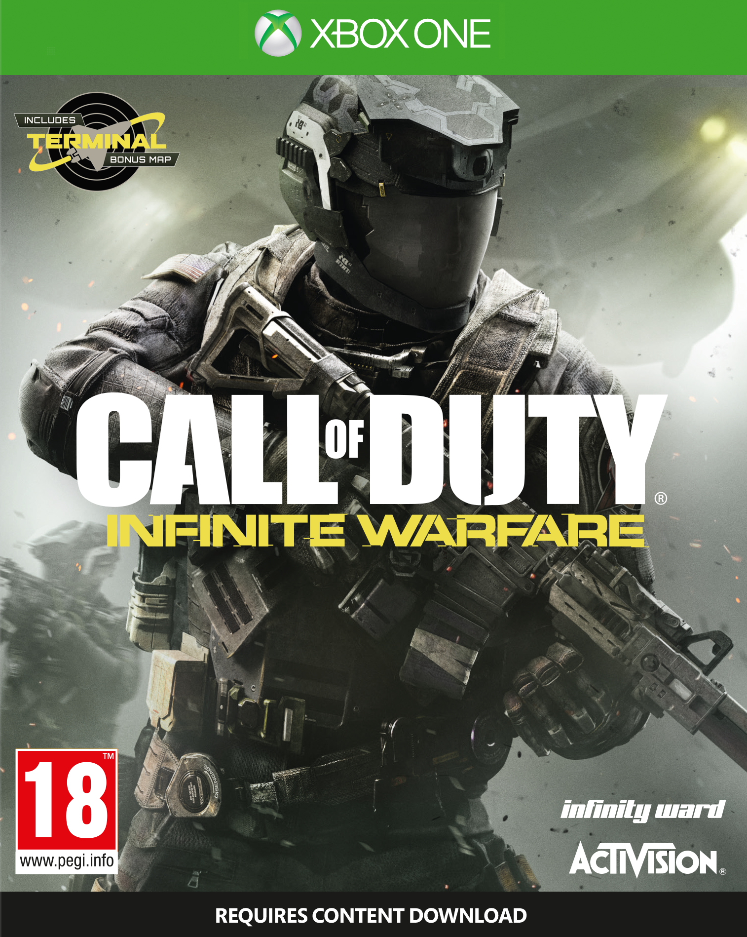 Okładka gry 'Call of Duty: Infinite Warfare' przedstawia żołnierza z bronią, tło kosmiczne.