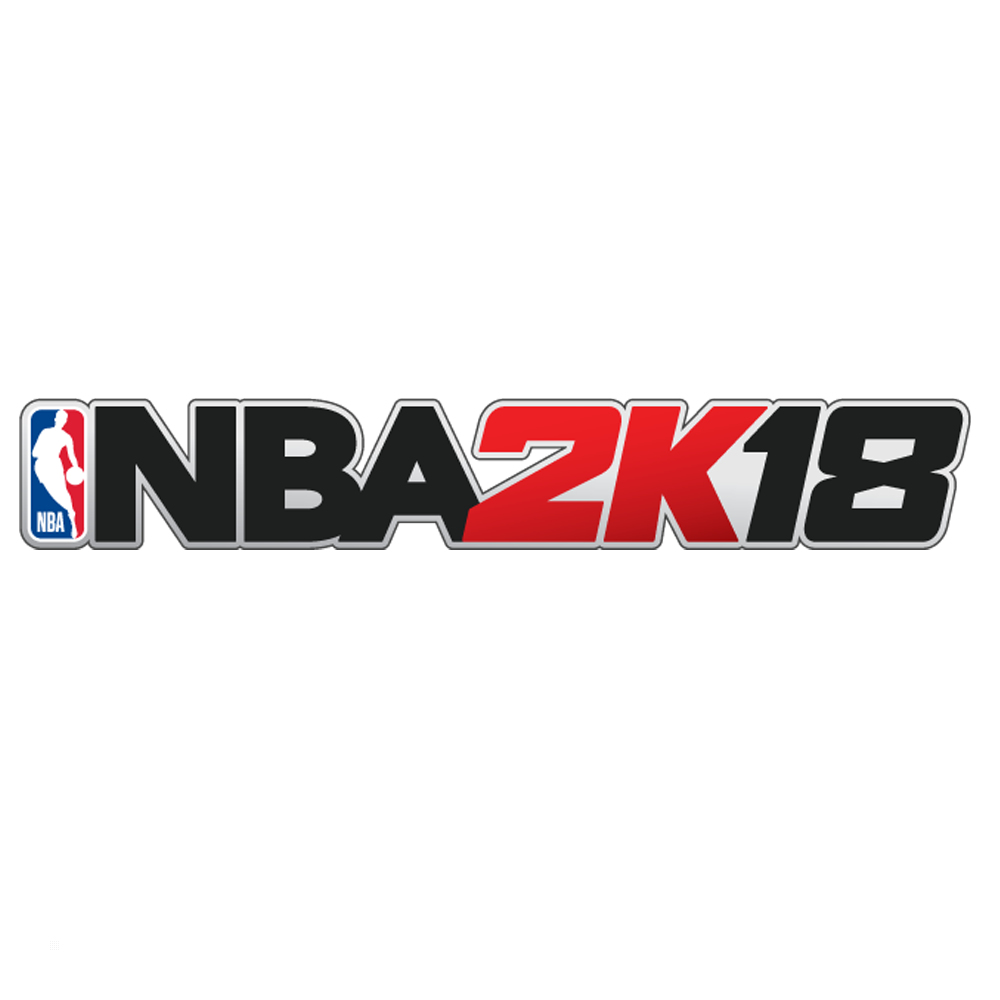 Logo NBA 2K18 z nazwą w kolorze czarnym i czerwonym oraz sylwetką koszykarza.