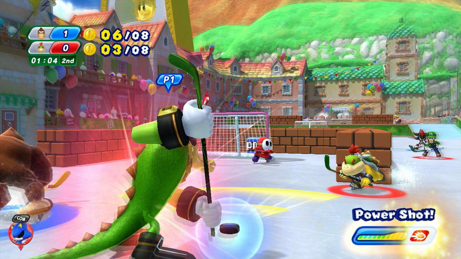 Una scena di gioco di hockey con personaggi dei cartoni animati. Un personaggio di coccodrillo verde tiene una mazza da hockey.