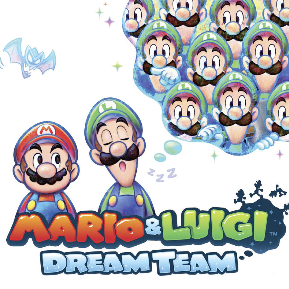 Okładka gry Mario & Luigi: Dream Team. Mario i Luigi z bąbelkami marzeń i innymi onirycznymi postaciami.