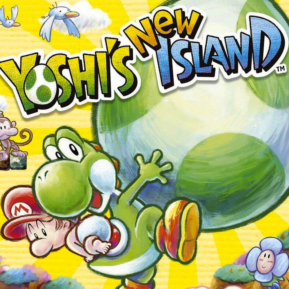 Okładka gry Yoshi's Island. Yoshi i Mario na żółtym tle z elementami kreskówki.