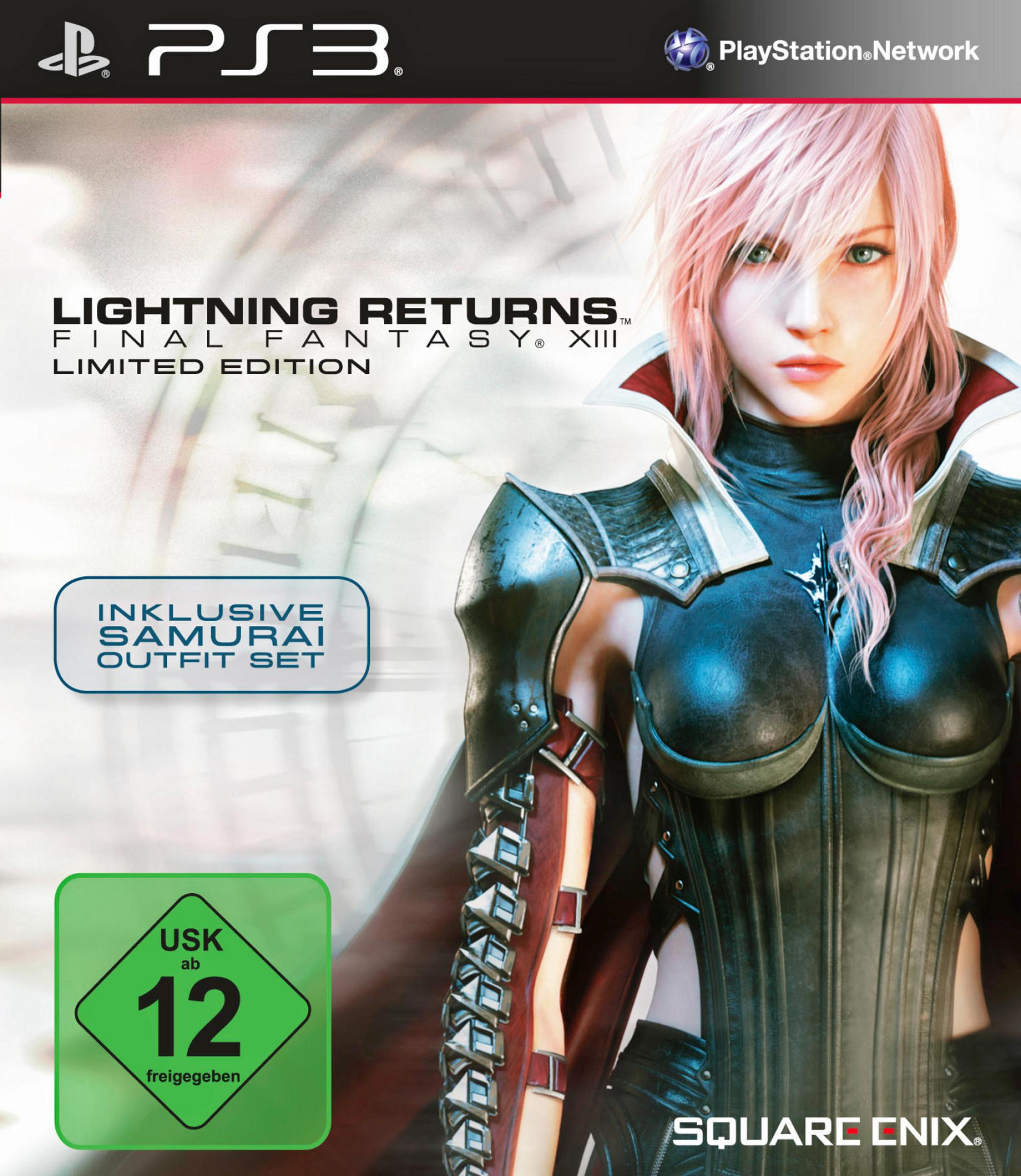 Spielcover. Eine Frau mit pinkfarbenen Haaren und Rüstung steht. Der Titel lautet Lightning Returns: Final Fantasy XIII.